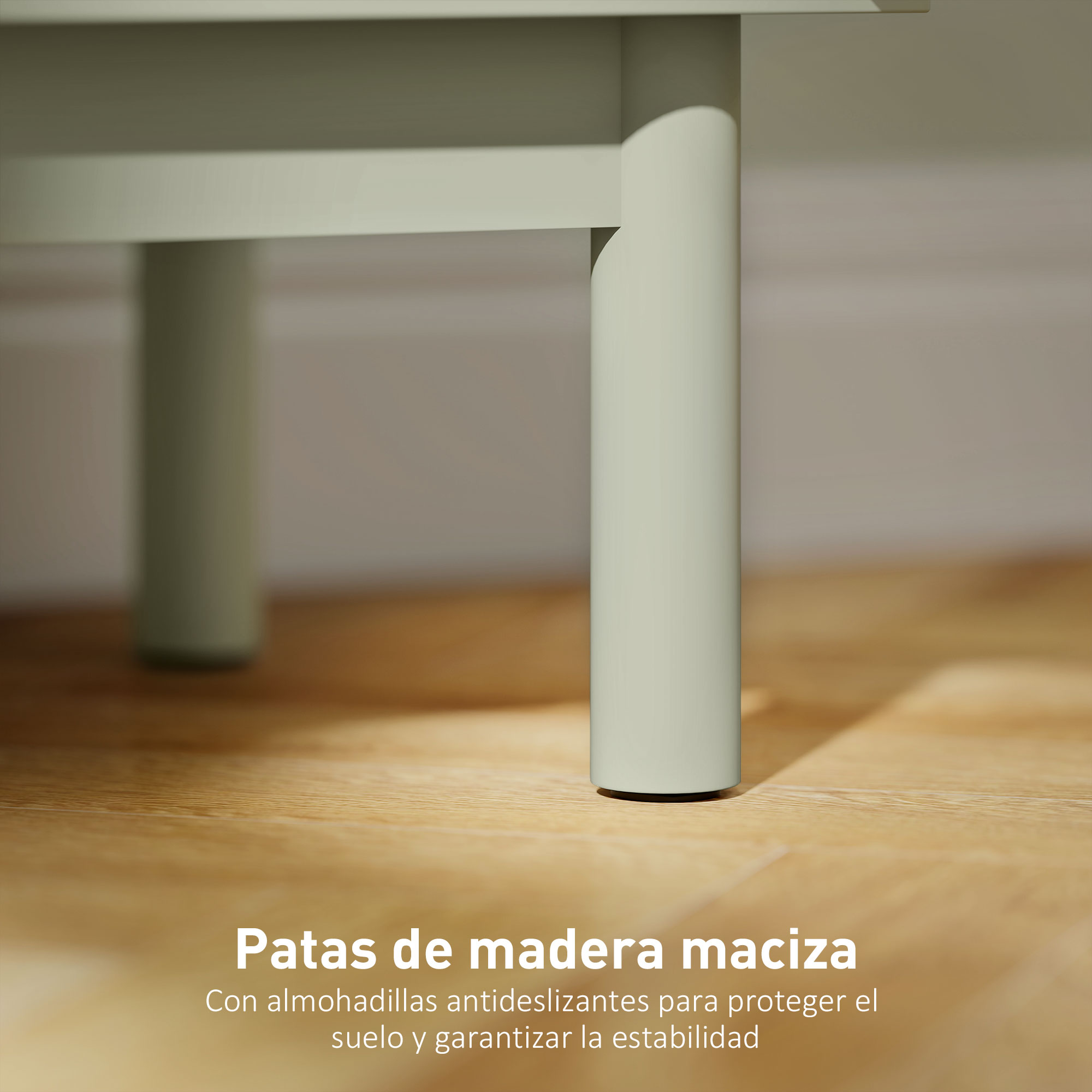 Patas de mueble gris claro sobre suelo de madera con sombra.