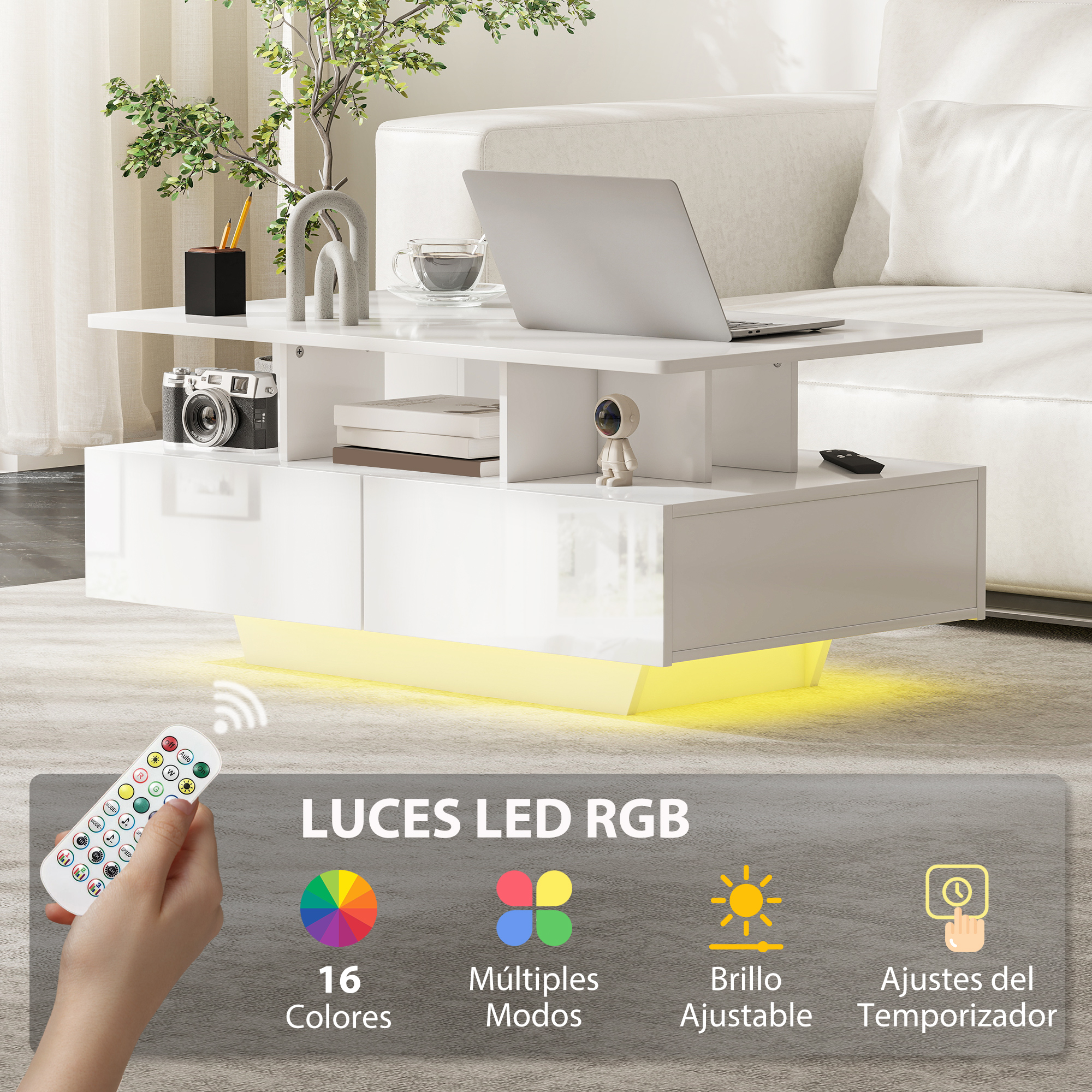 Mesa de centro blanca con luces LED RGB, portátil, cámara y mando a distancia.