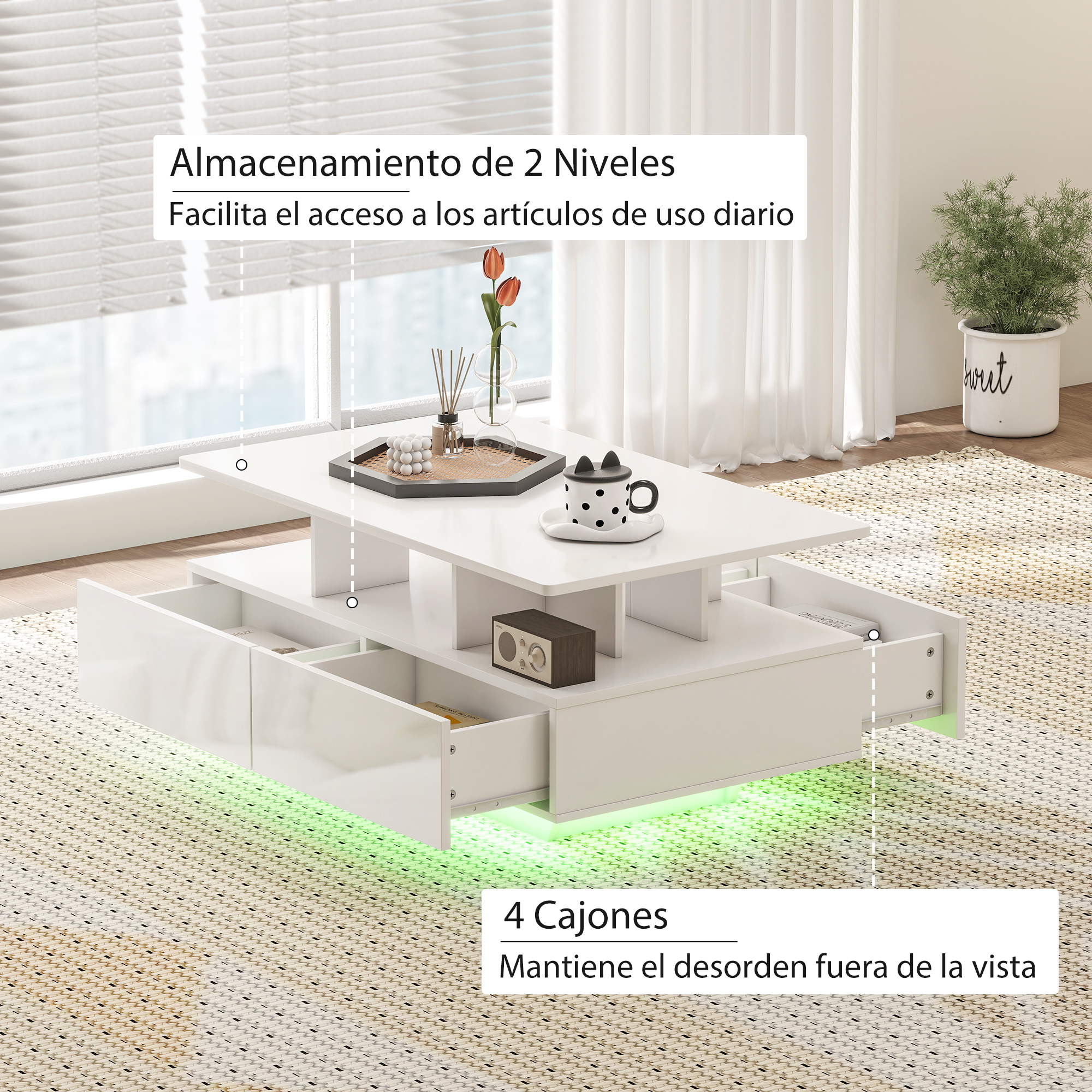Mesa de centro blanca moderna con 2 niveles, 4 cajones y luces LED.