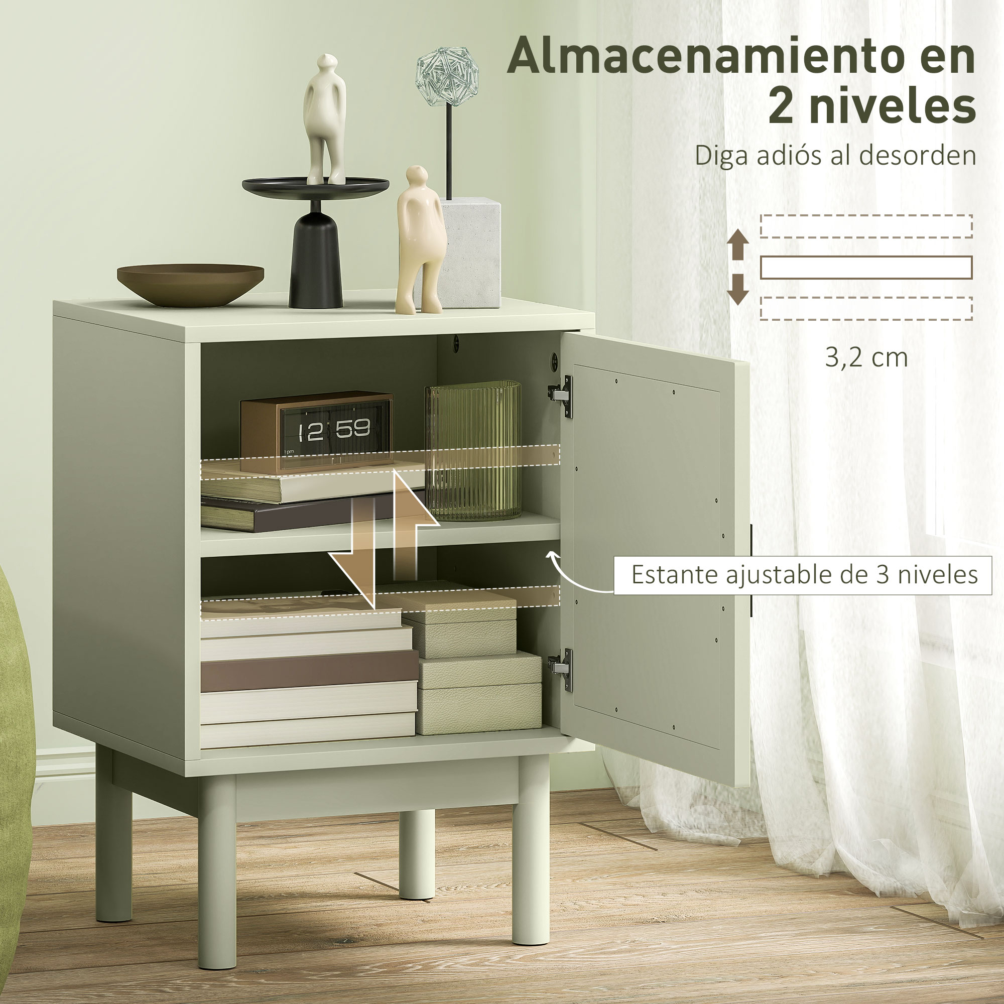 Un mueble verde claro con puertas abiertas, lleno de libros y cajas. Decoraciones encima.