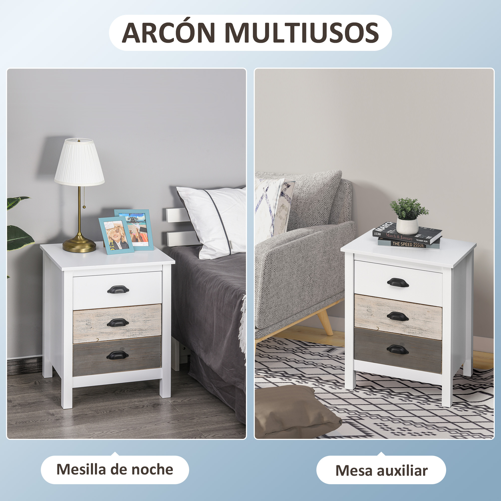 Dos mesitas de noche con cajones, una al lado de una cama, la otra al lado de un sofá.