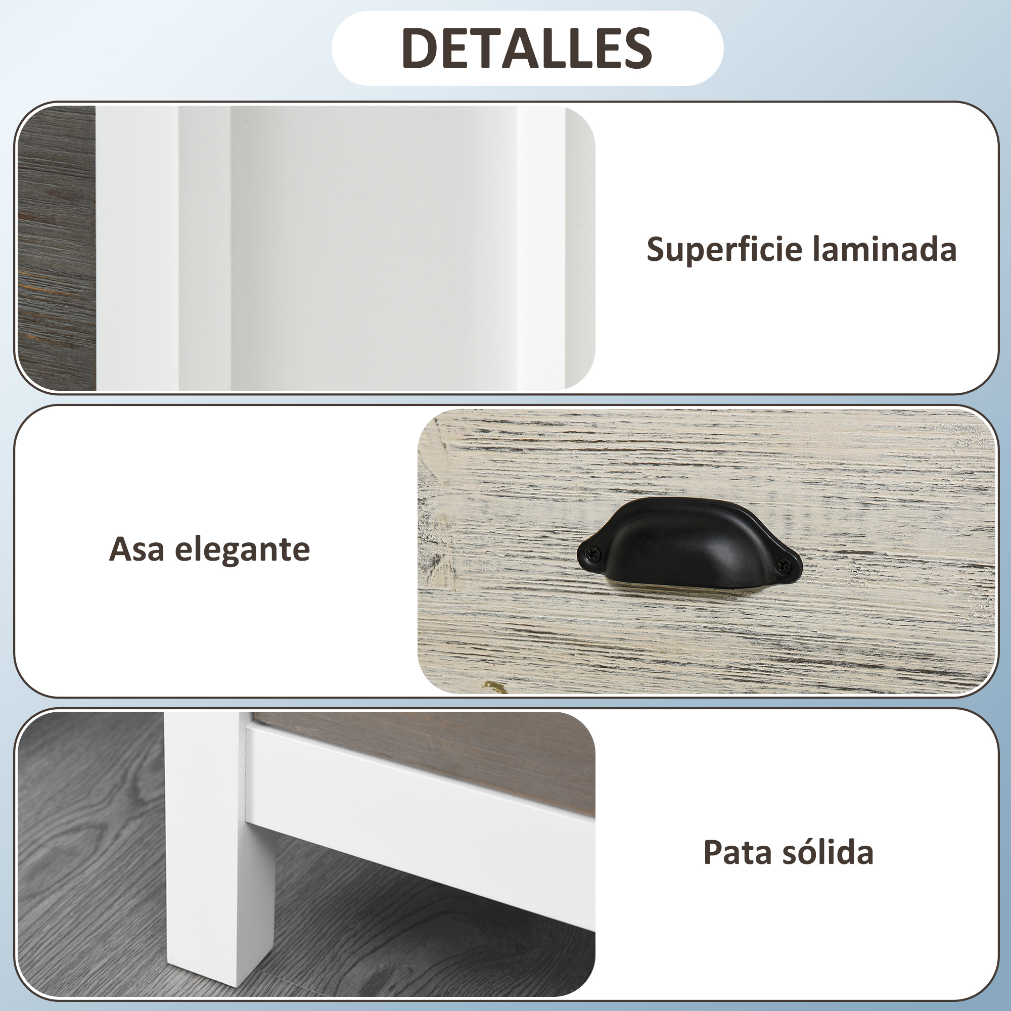 Detalles: superficie laminada, asa elegante, patas sólidas.