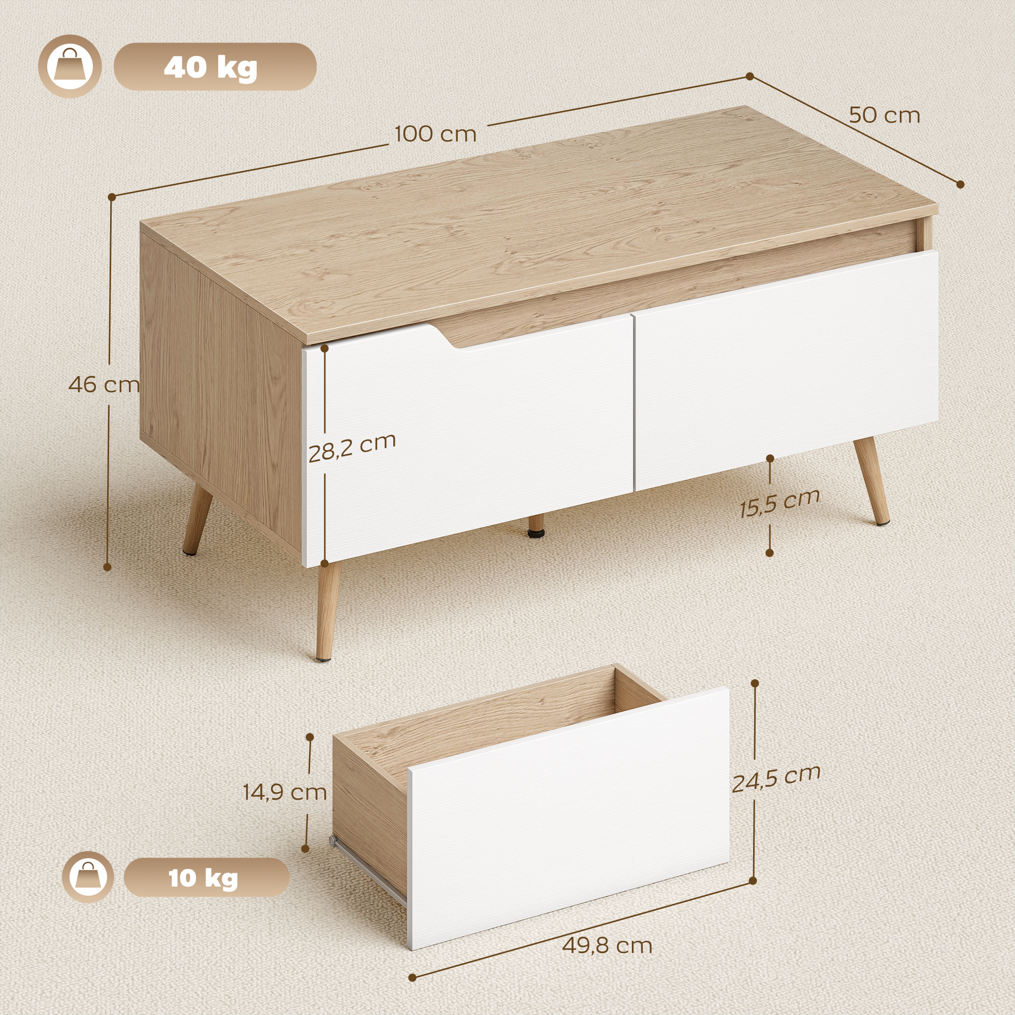 Un mueble de TV blanco y de madera clara con cajones y patas.