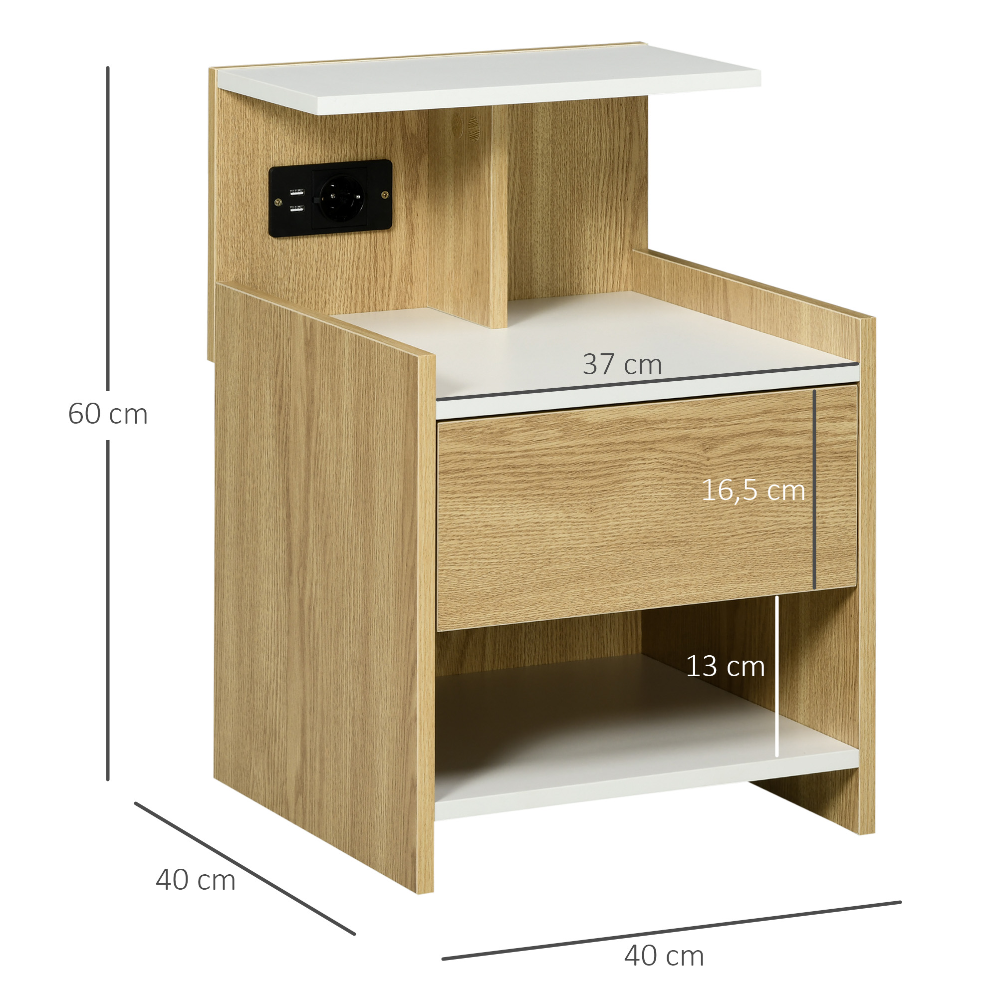 Mesita de noche de madera con cajón blanco, estante y toma de corriente.