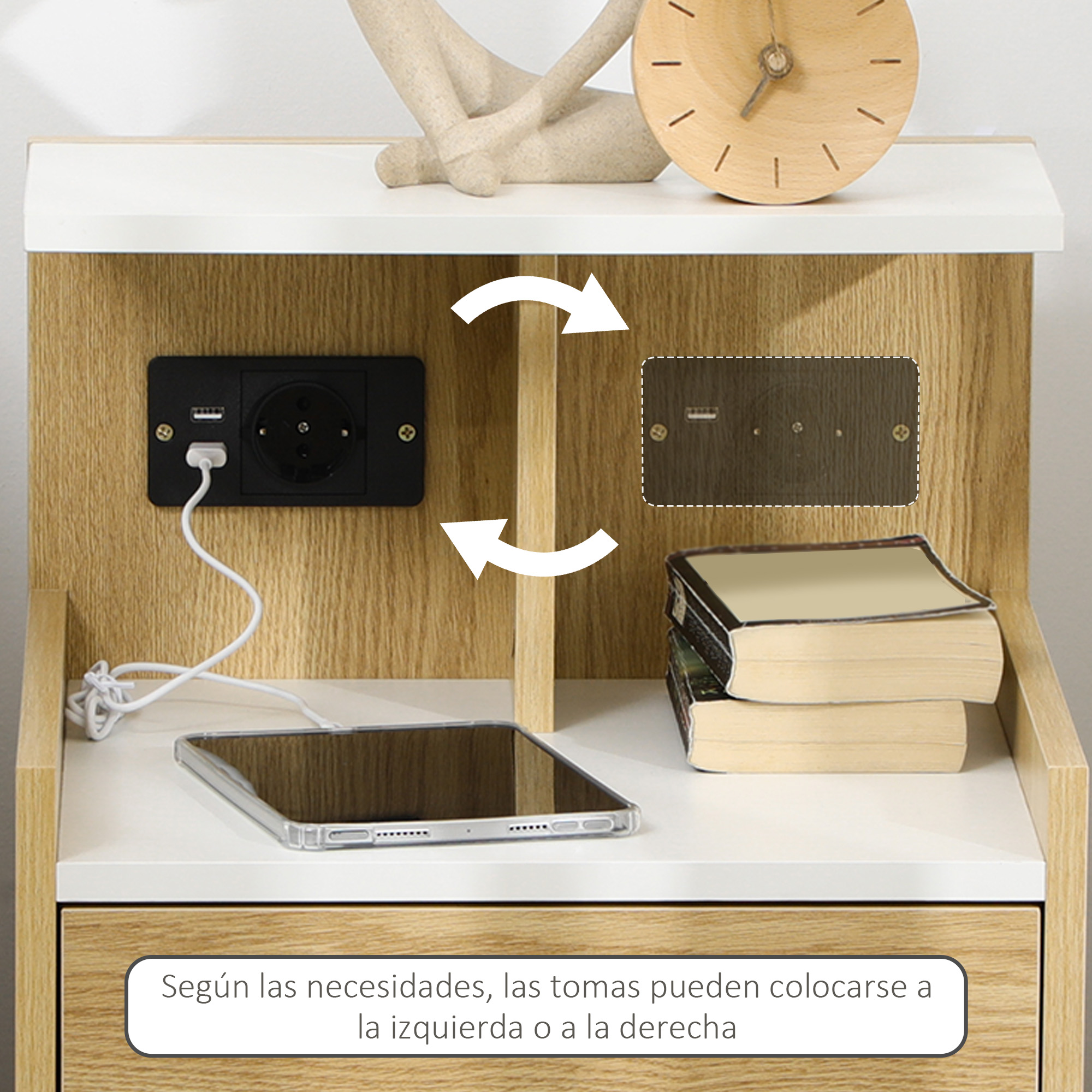 Mesita de noche con enchufe, puerto USB, teléfono y libros.