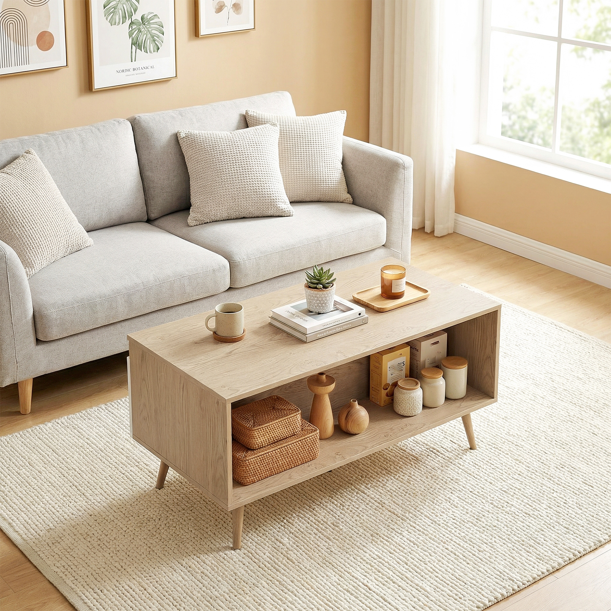 Un sofá gris claro con cojines delante de una mesa de madera con decoración y libros.