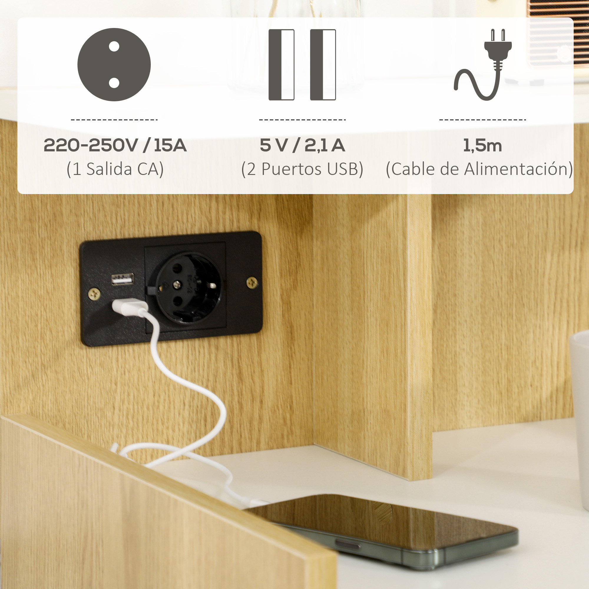 Enchufe empotrado con puertos USB, un smartphone se está cargando.