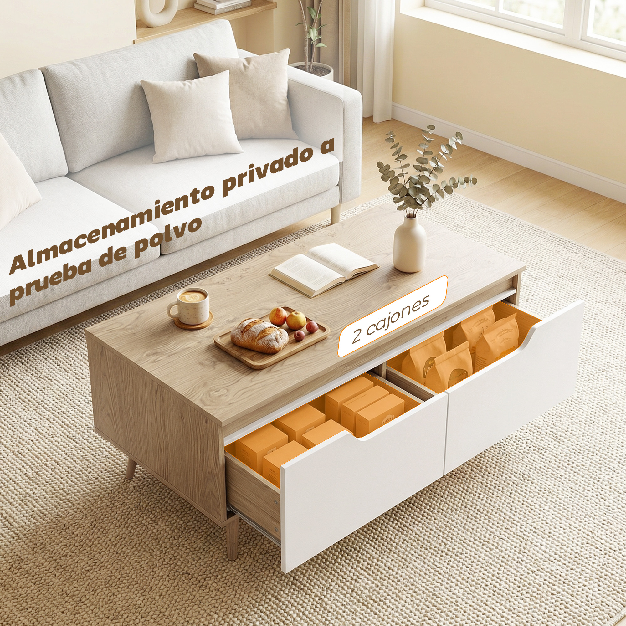 Mesa de centro con cajones abiertos llenos de bolsas marrones y cajas naranjas.