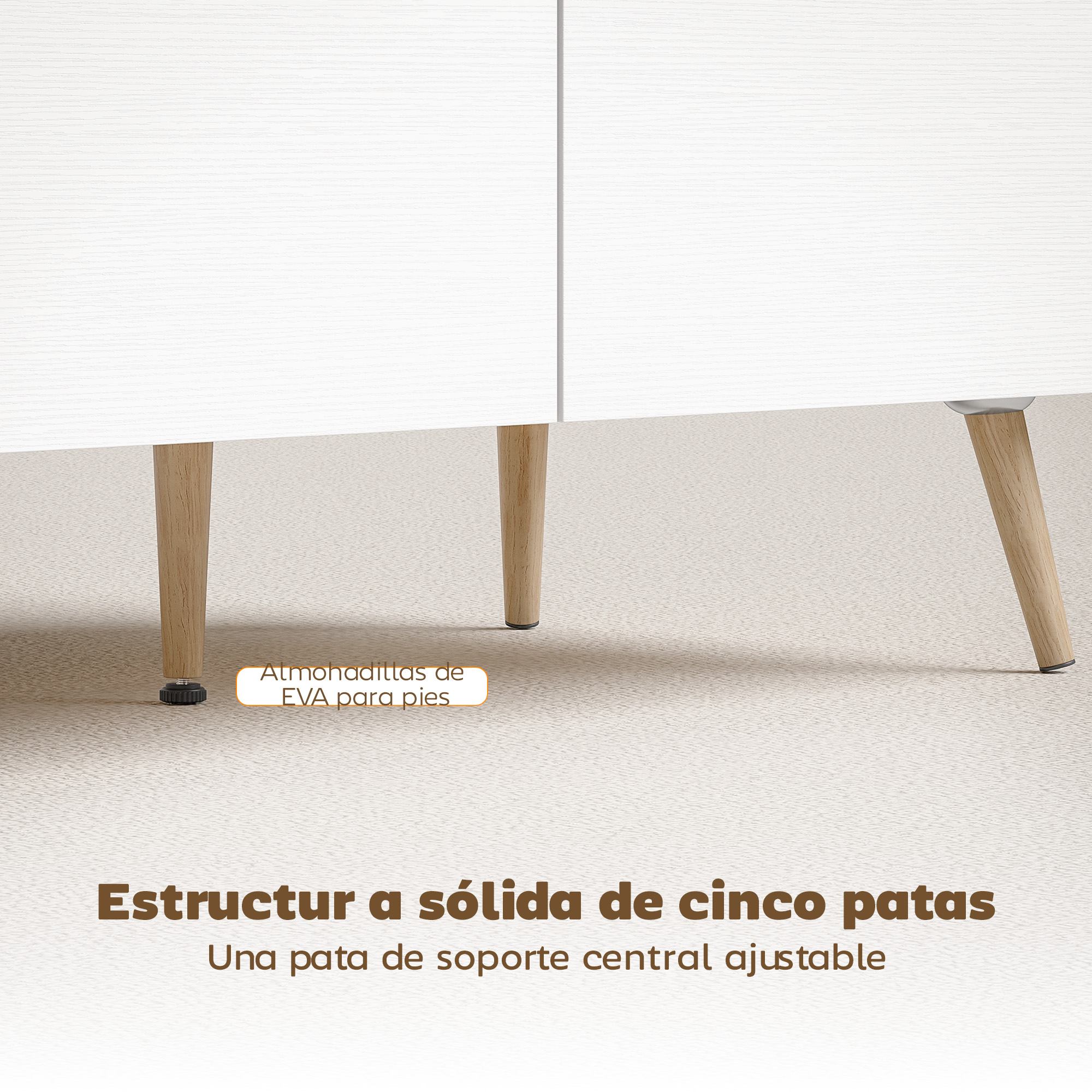 Un mueble blanco con patas de madera y pies de EVA.