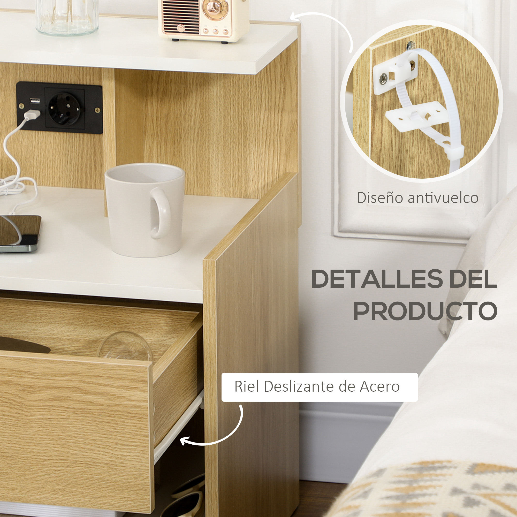 Un mueble de noche con enchufe, puerto USB, cajón, taza y diseño antivuelco.