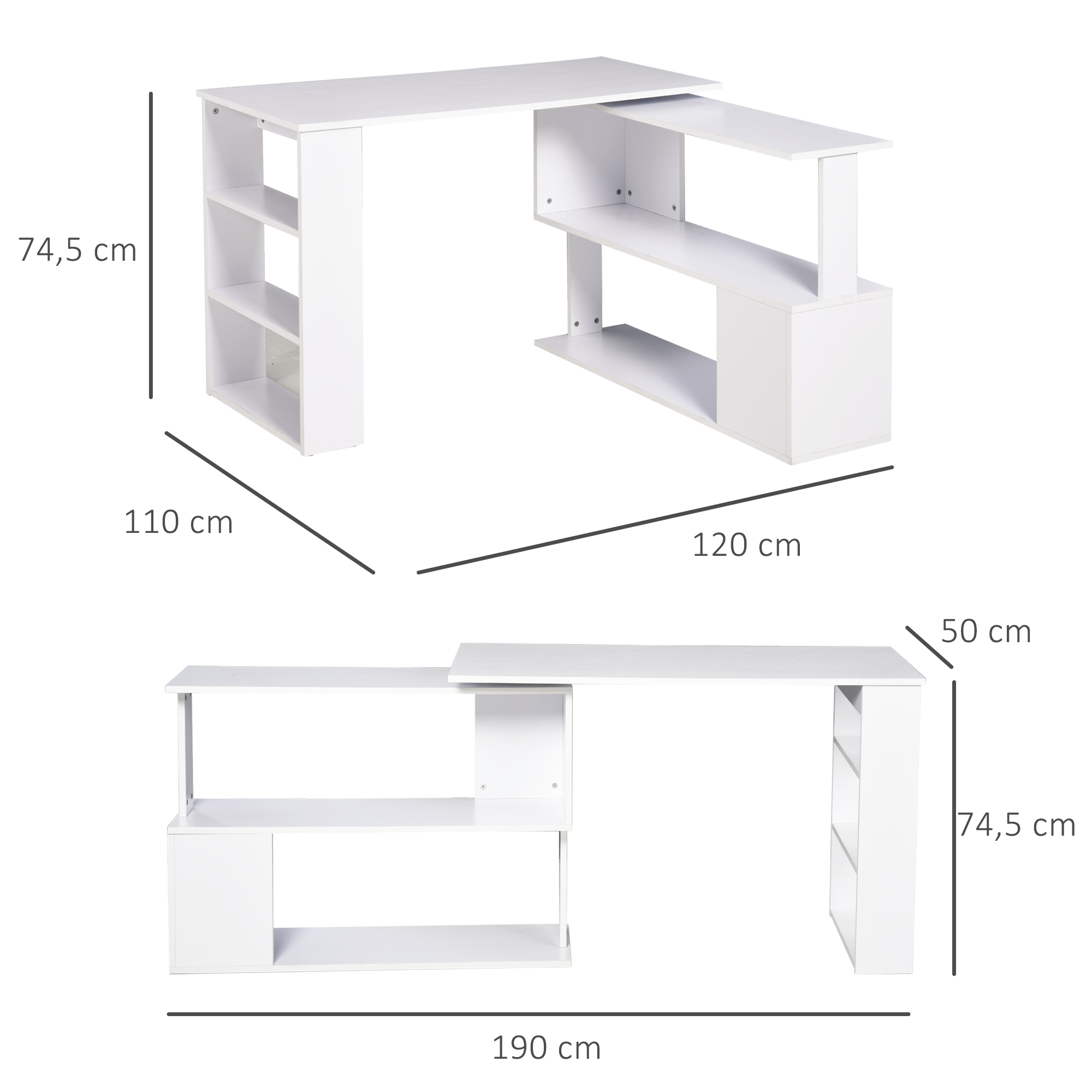 Escritorio de esquina blanco moderno con estanterías y dimensiones.