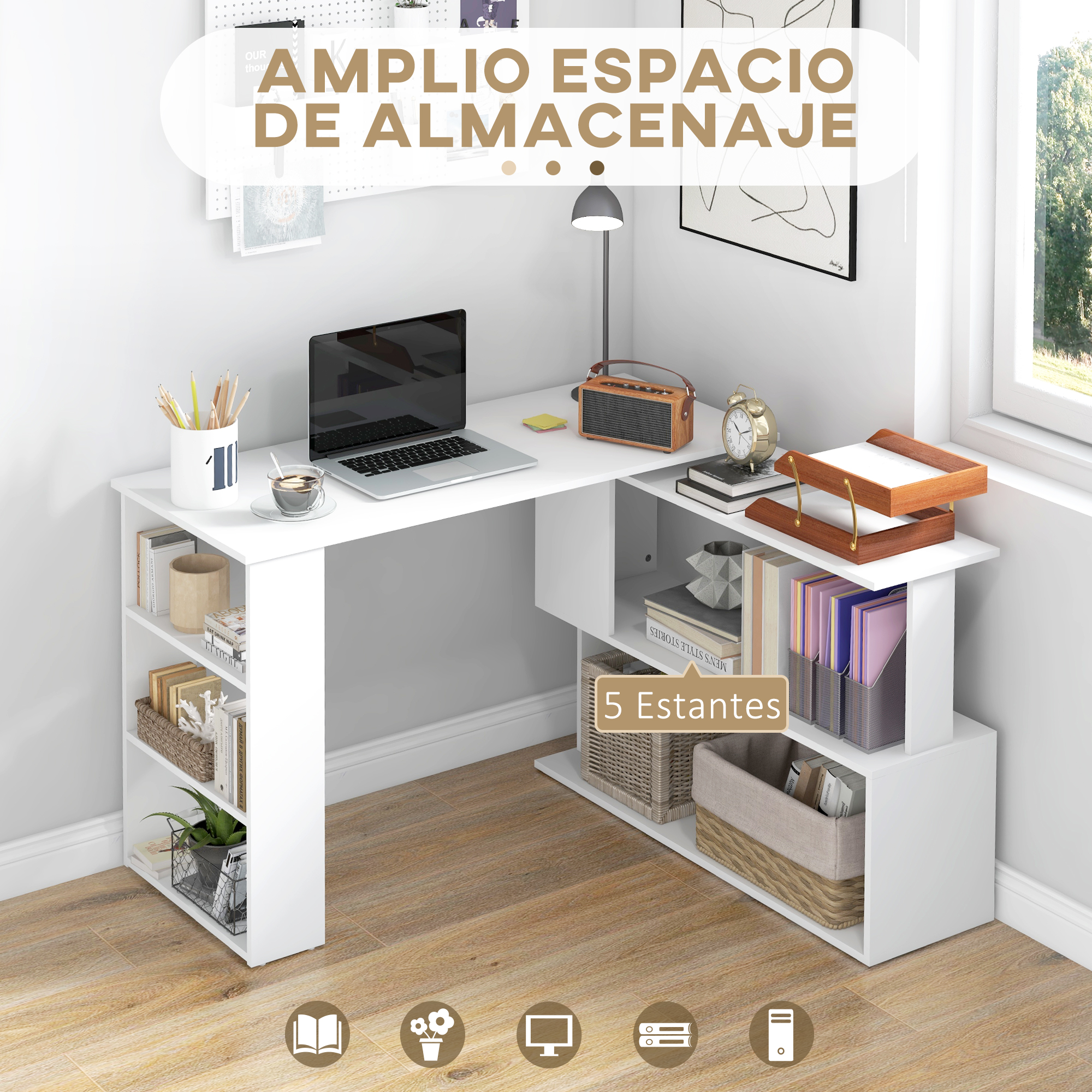 Un escritorio de esquina blanco con laptop, libros y plantas.