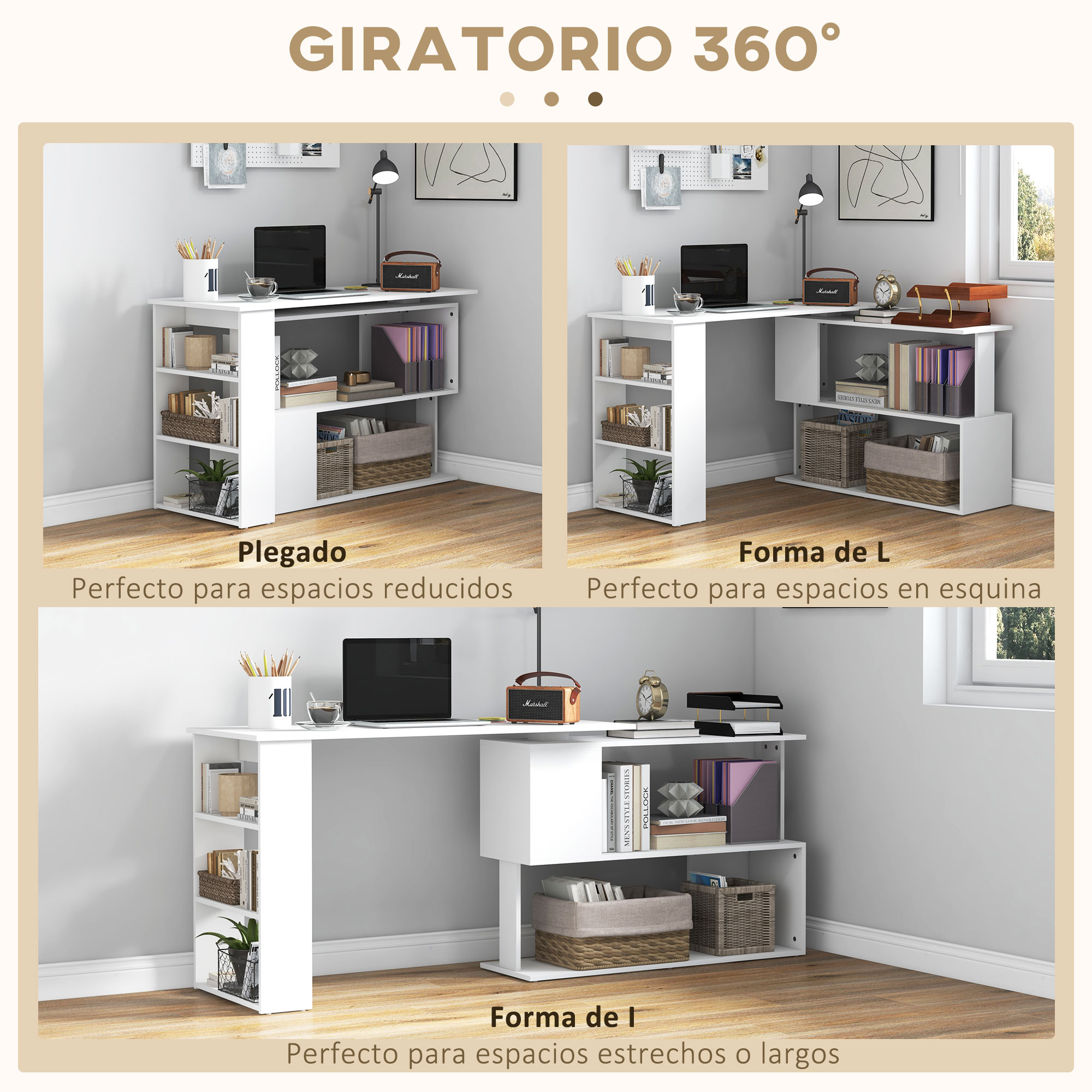 Un escritorio blanco mostrado en tres configuraciones: forma de L, I y plegado.