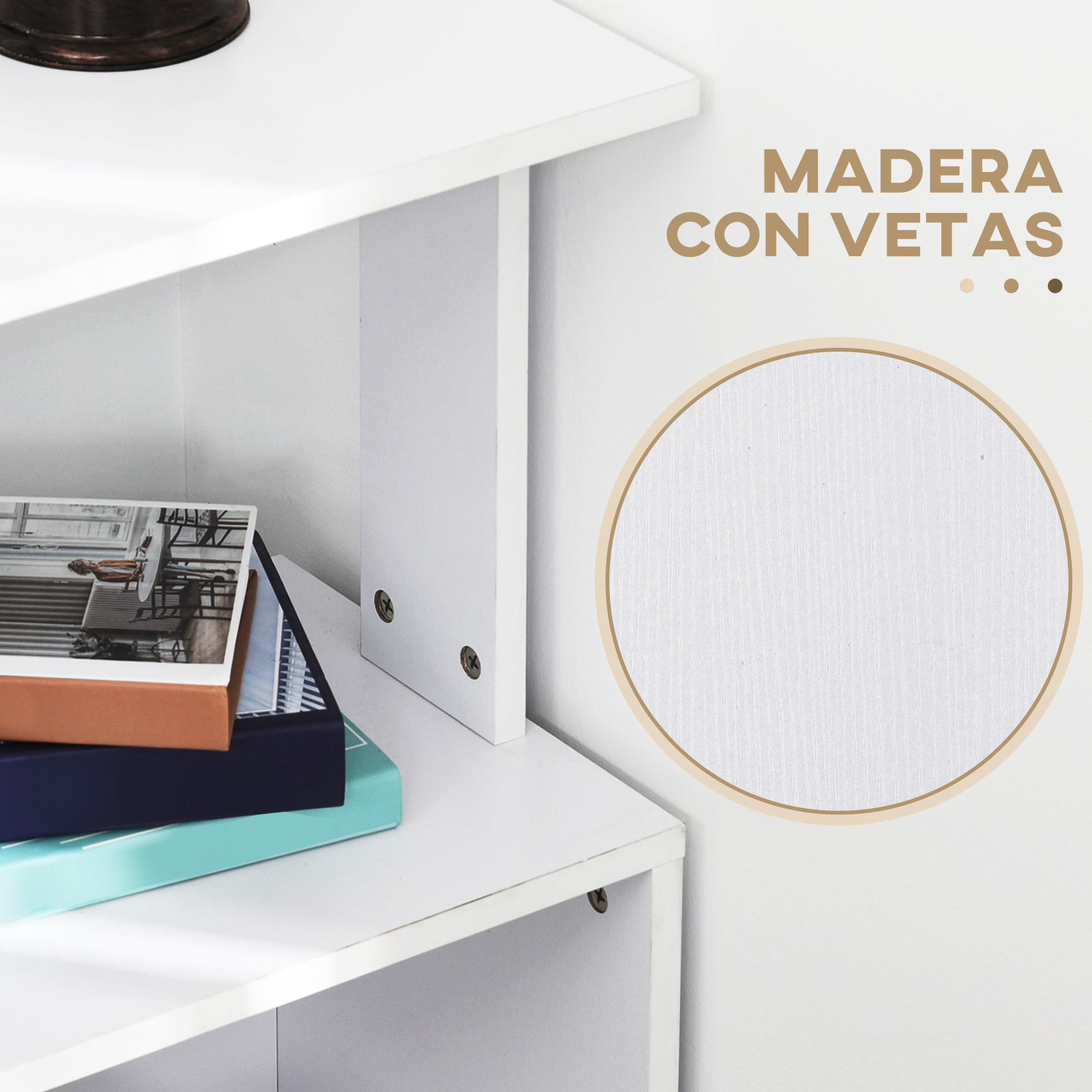 Estanterías blancas de madera con libros y primer plano de veta de madera.