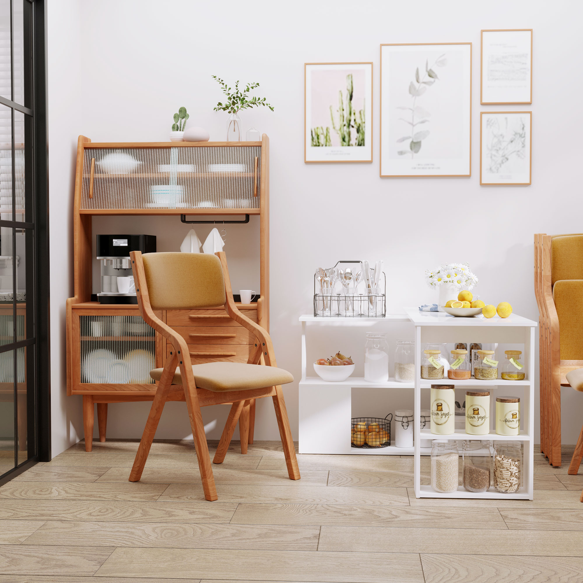 Armario de madera con cafetera, silla, cuadros y estantes blancos con frascos.