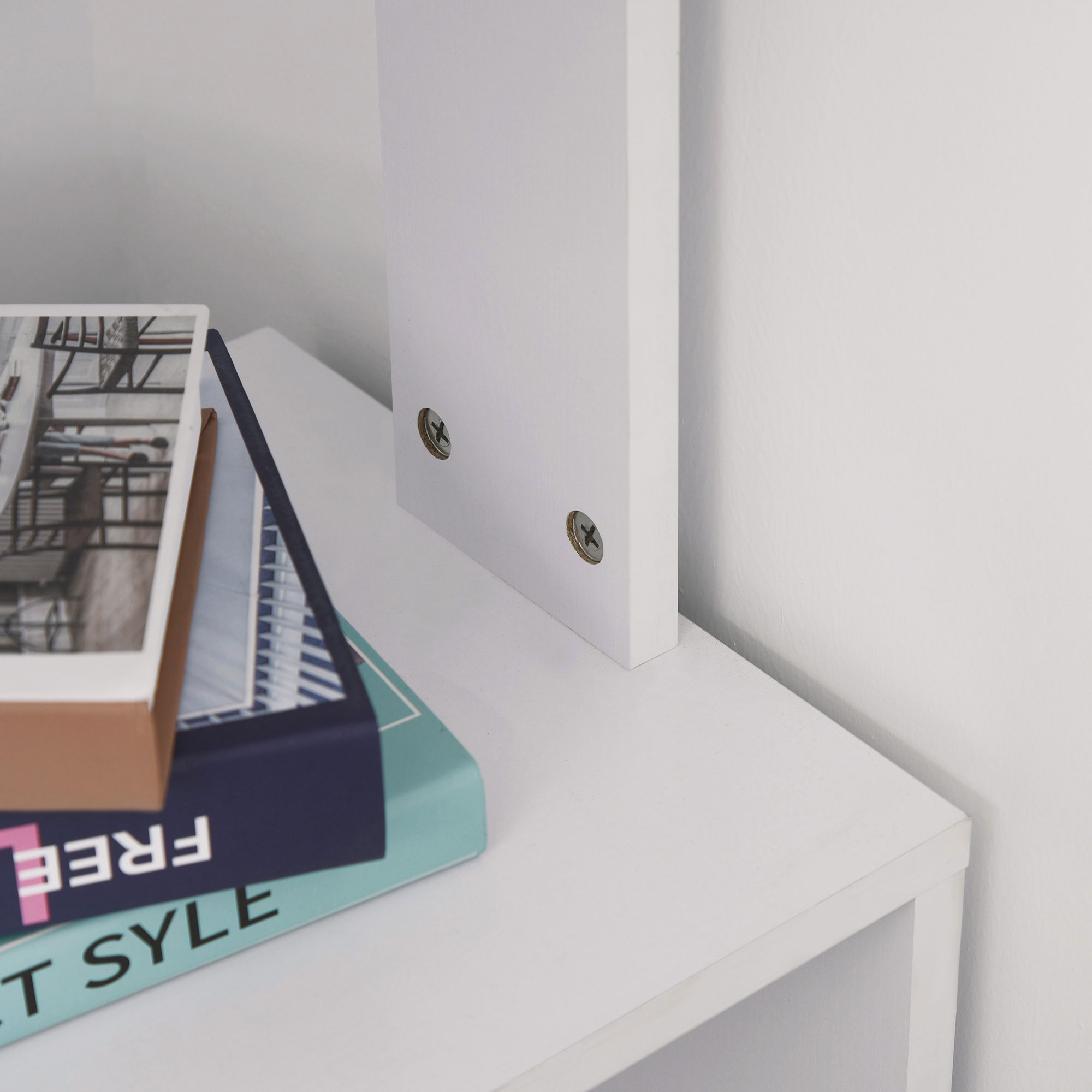 Superficie de estante blanca con libros y tornillos contra una pared blanca.