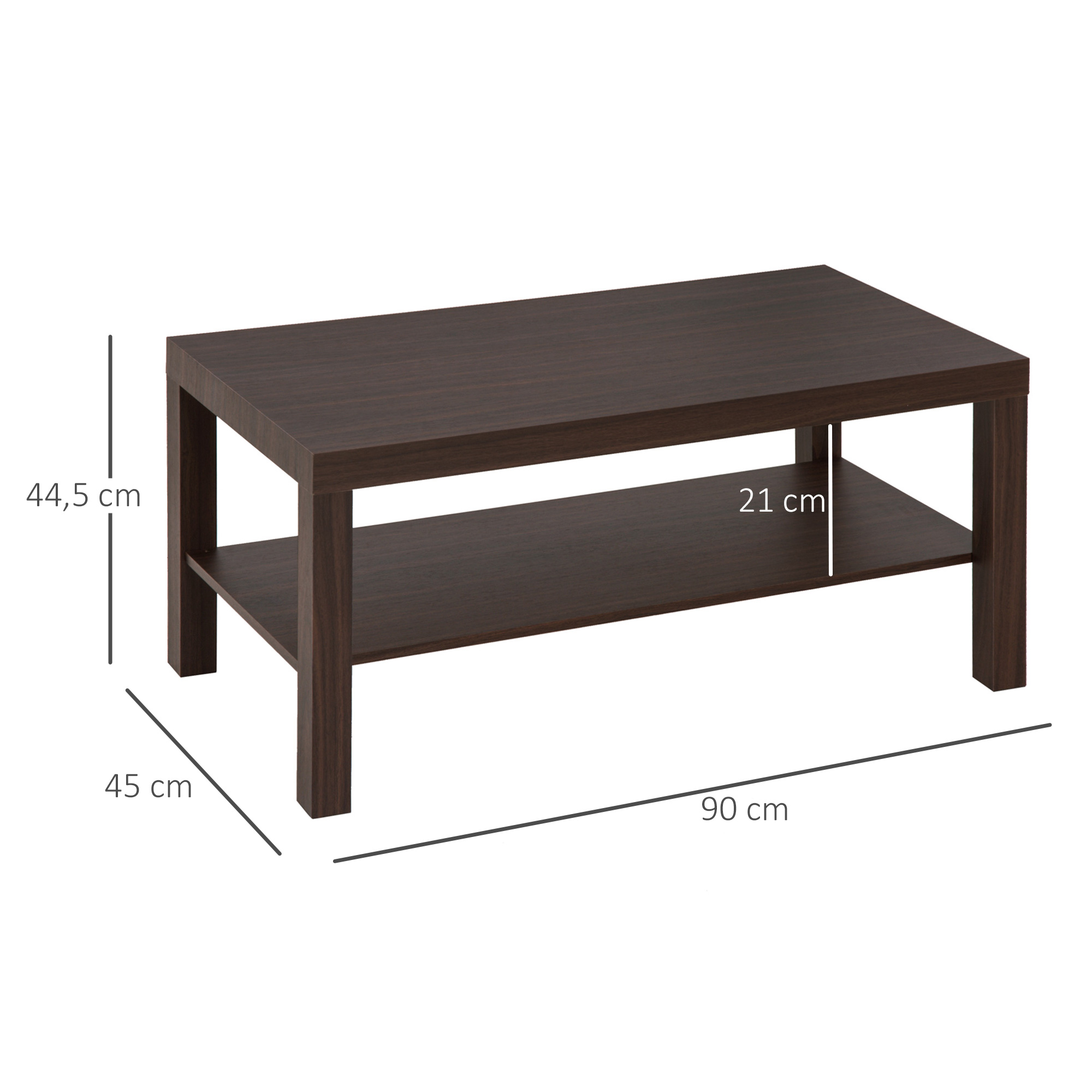 Mesa de centro marrón oscura de dos niveles, 90x45x44,5 cm.