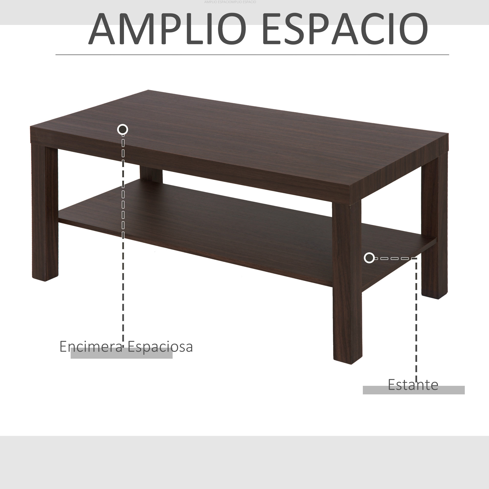 Mesa de centro de madera marrón oscura con dos estantes.