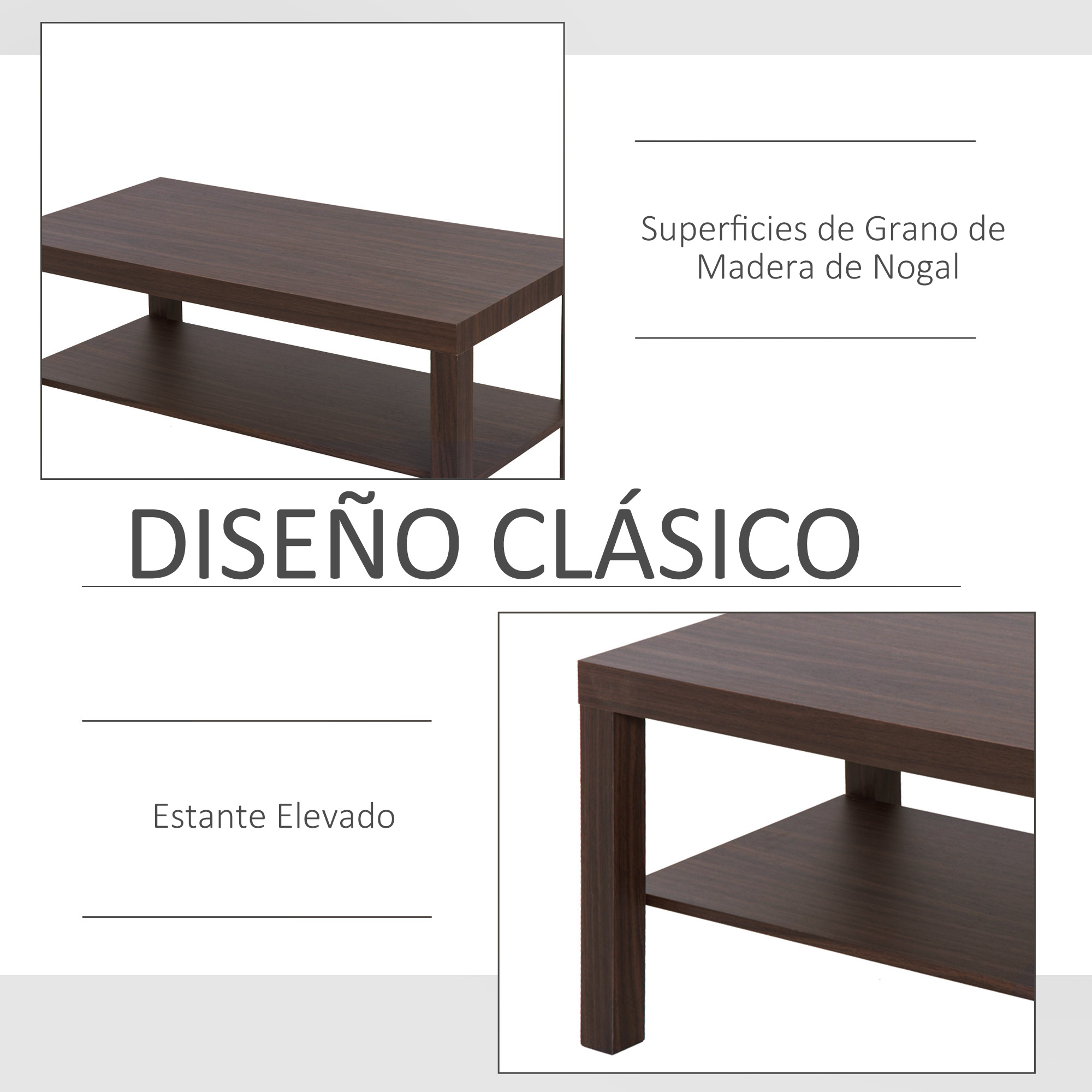 Mesa de madera marrón oscuro con dos estantes y diseño simple.