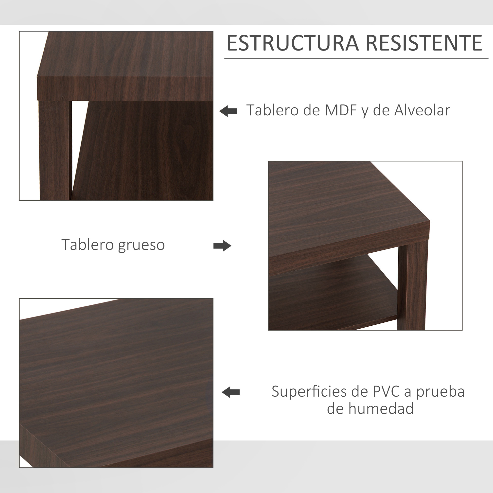 Mueble de madera oscura con textura, paneles gruesos y superficies resistentes.