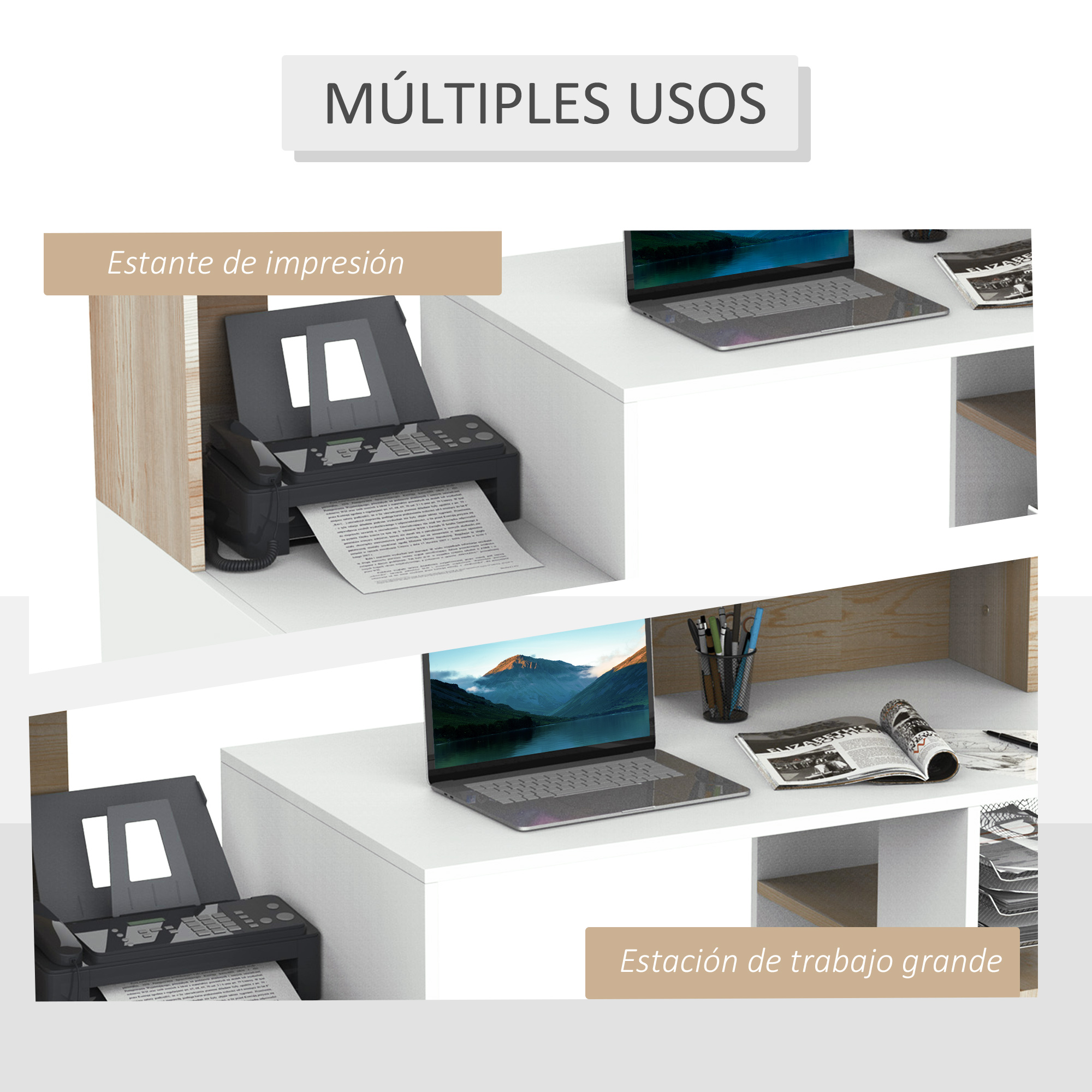 Un escritorio en dos configuraciones: impresora en estante superior, laptop y revistas abajo.