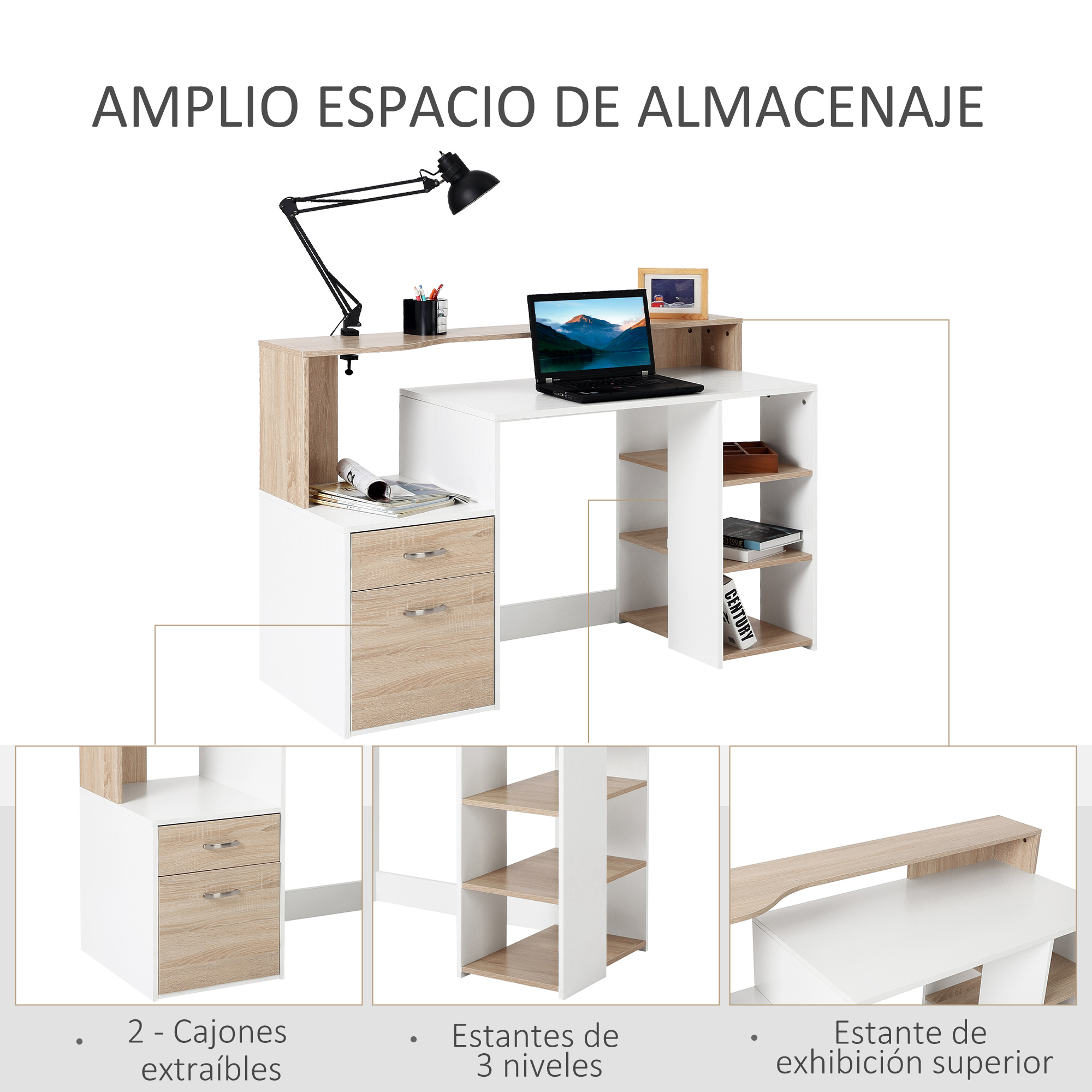 Escritorio moderno con portátil, lámpara, cajones y estantes.