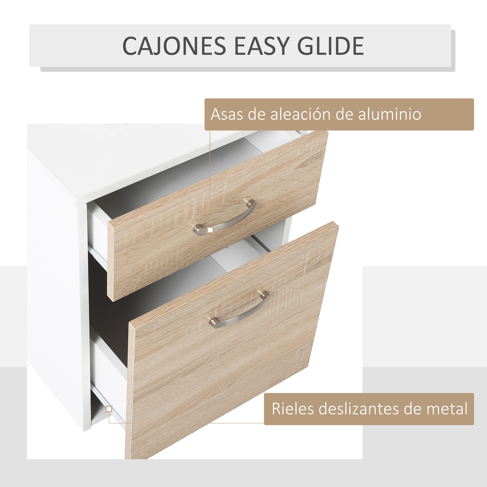 Un mueble blanco con dos cajones, uno abierto, con frentes de madera.