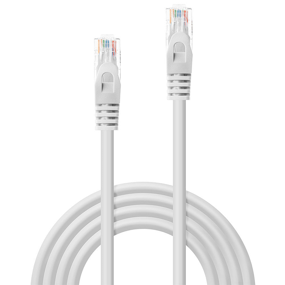 Twee witte Ethernetkabels met transparante connectoren en gekleurde draden.