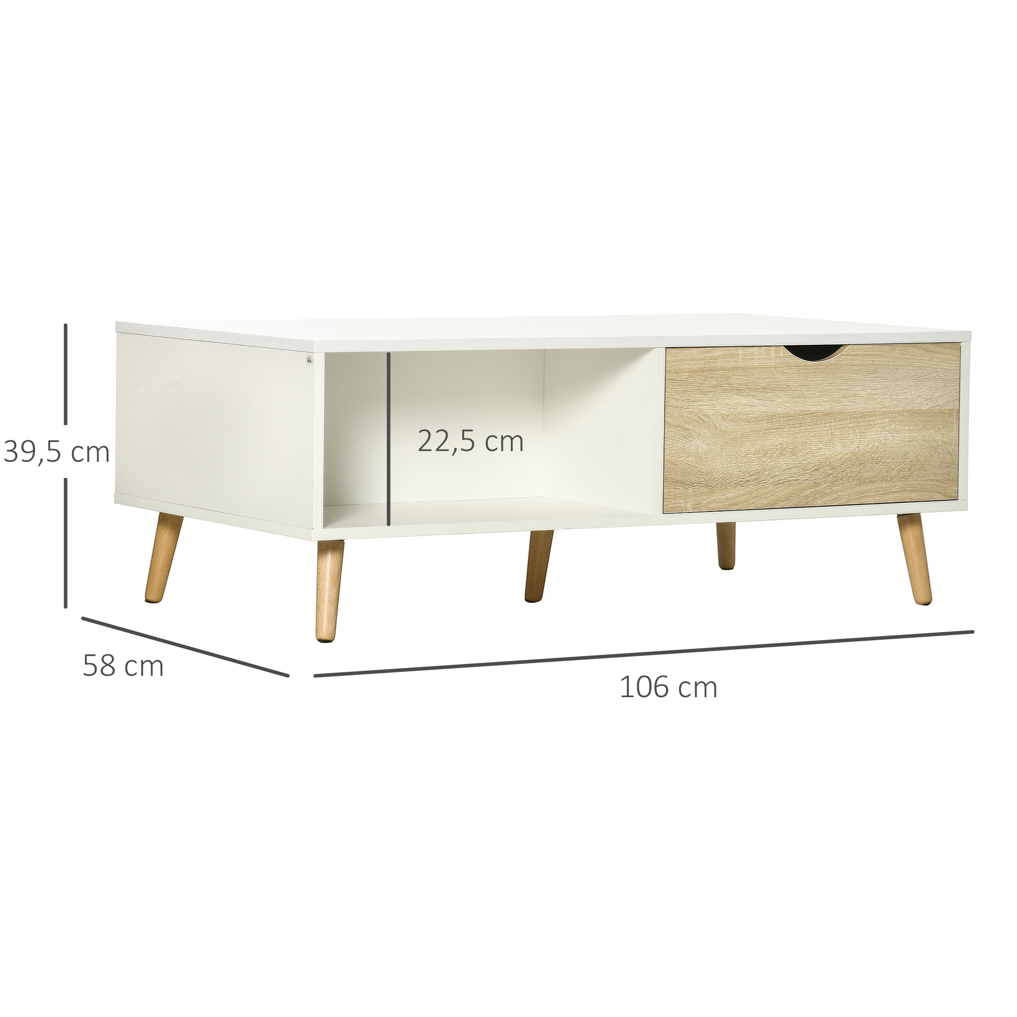 Mesa de centro blanca moderna con cajón y patas de acento de madera.