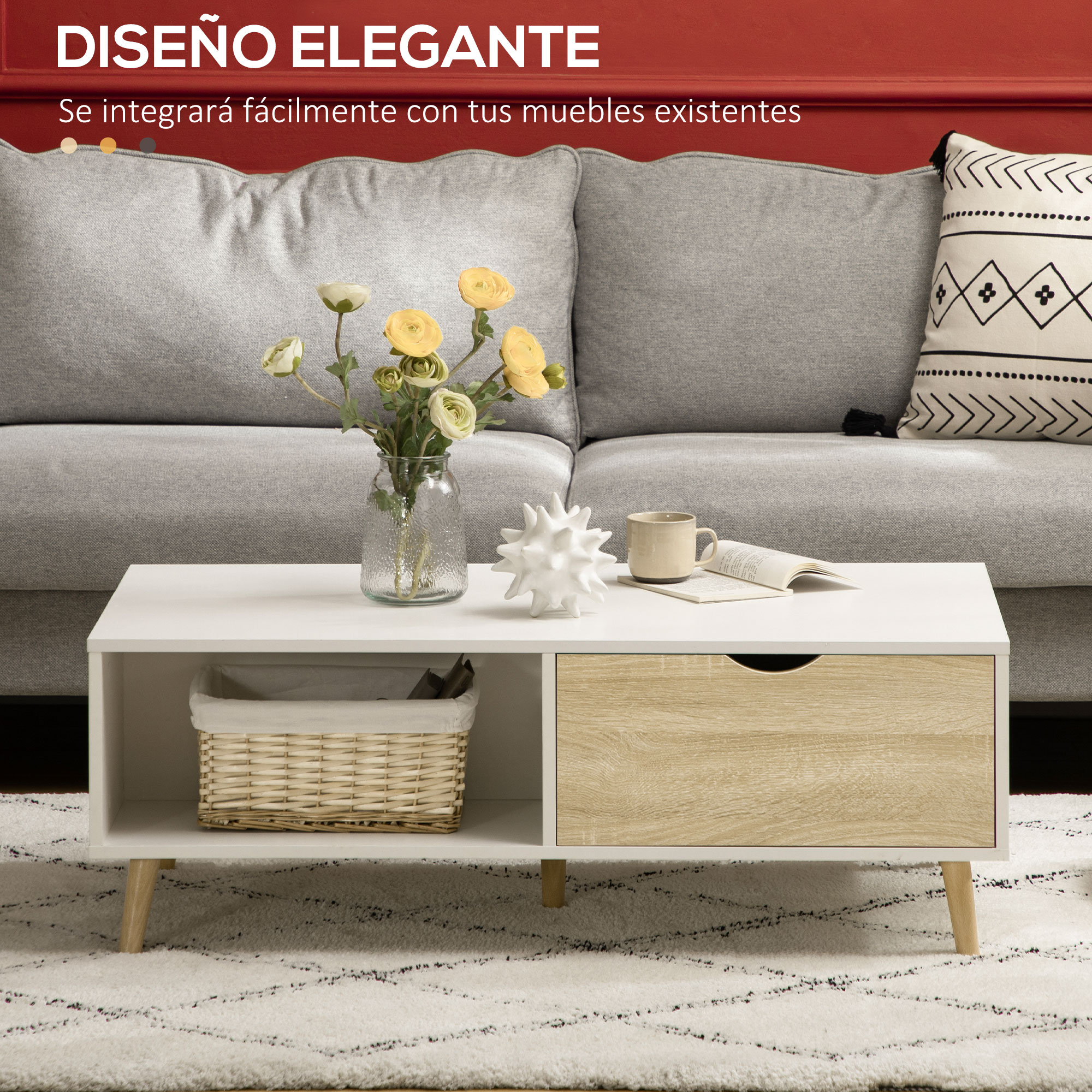 Una mesa de centro blanca con un cajón y un estante abierto con una cesta.