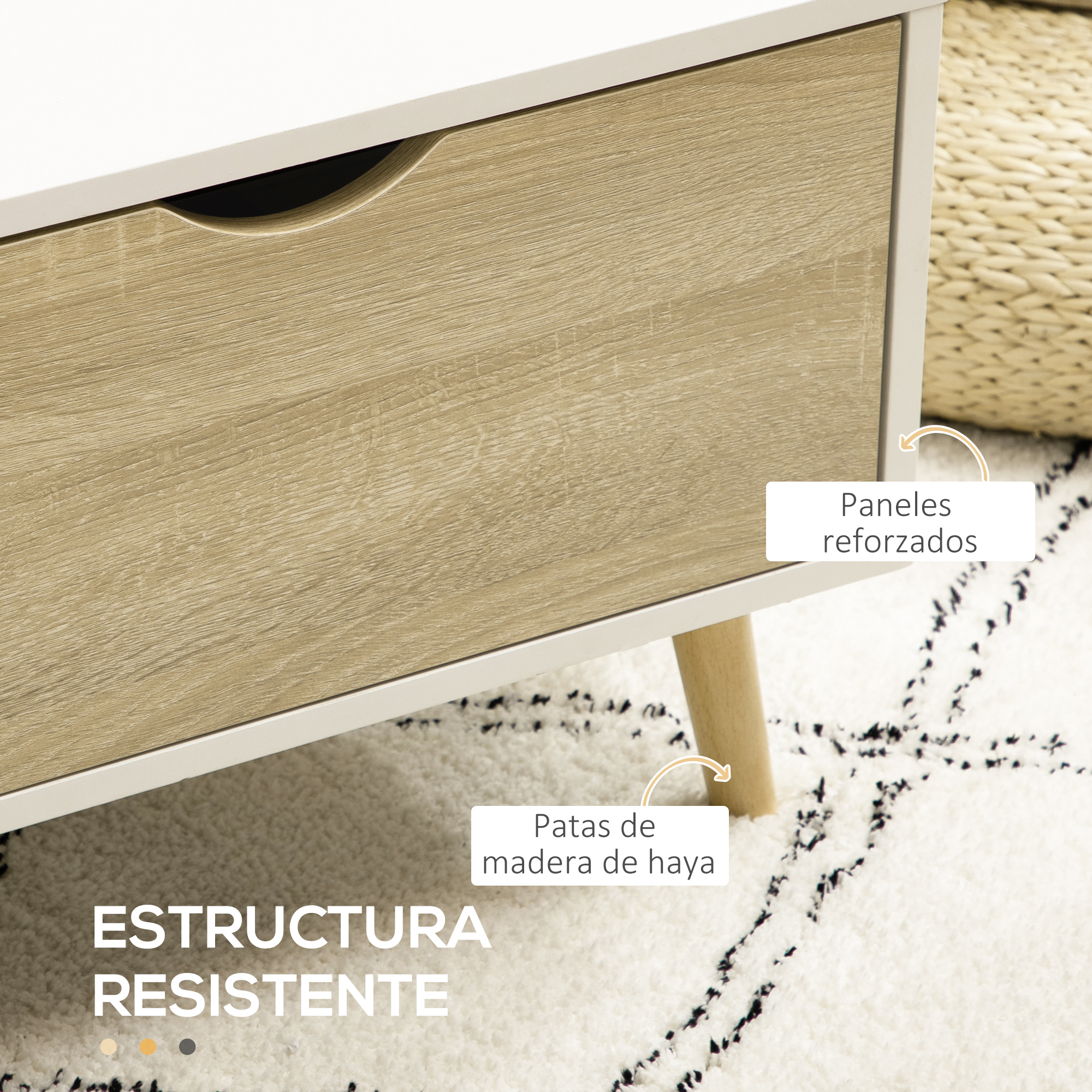 Cajón blanco con veta de madera, patas de madera de haya sobre alfombra.