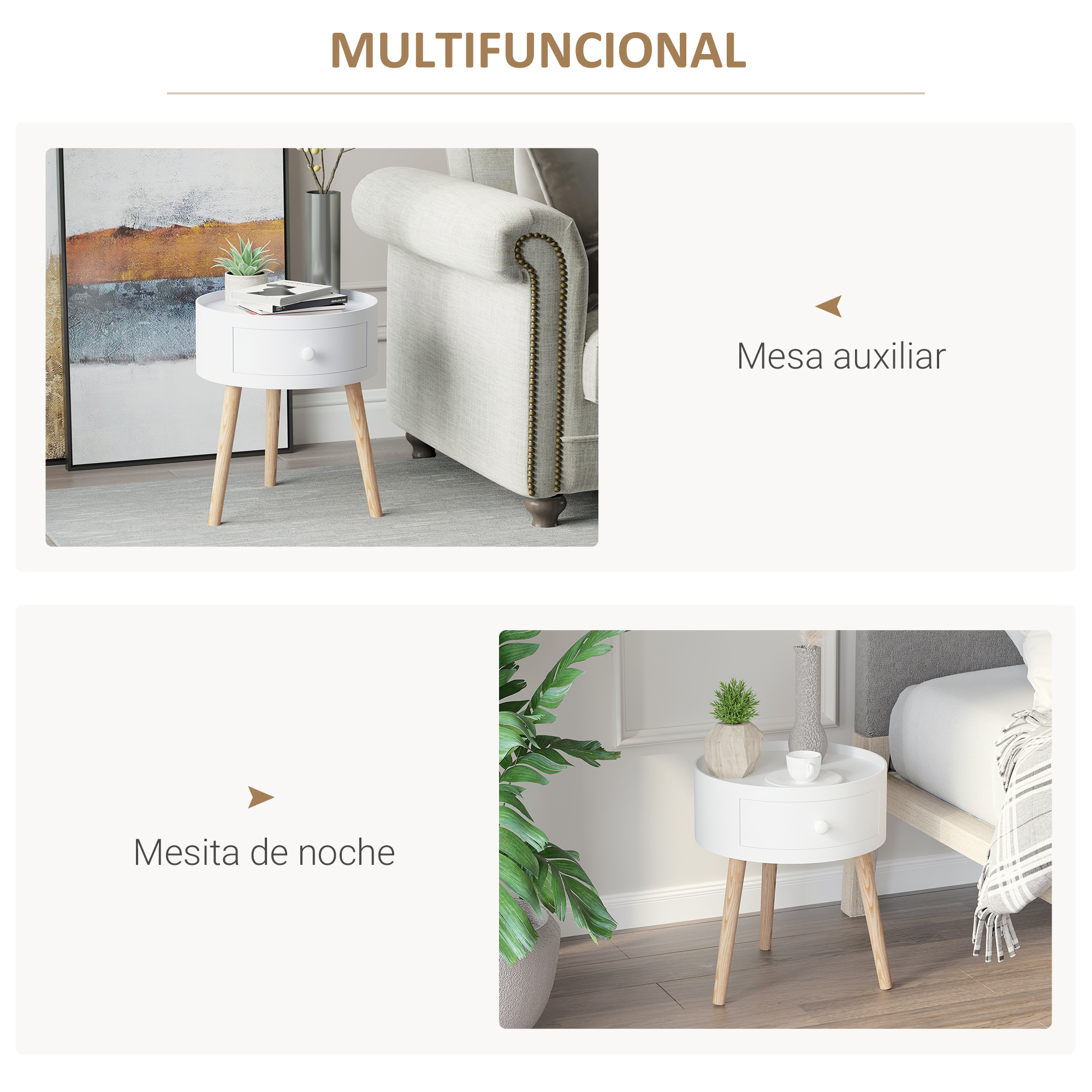 Mesa auxiliar redonda blanca con patas de madera y un cajón, junto a un sofá.