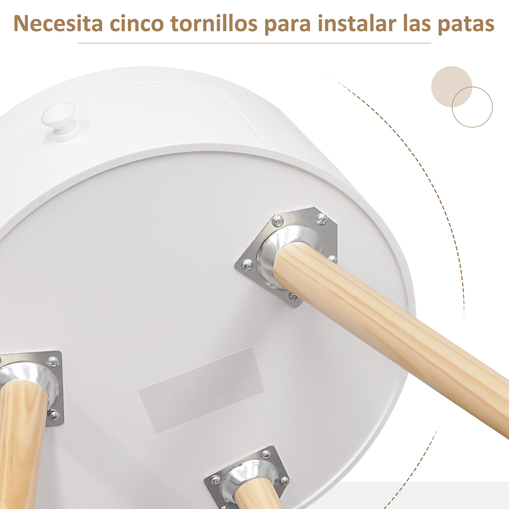 Parte inferior de un mueble blanco con patas de madera y soportes metálicos.