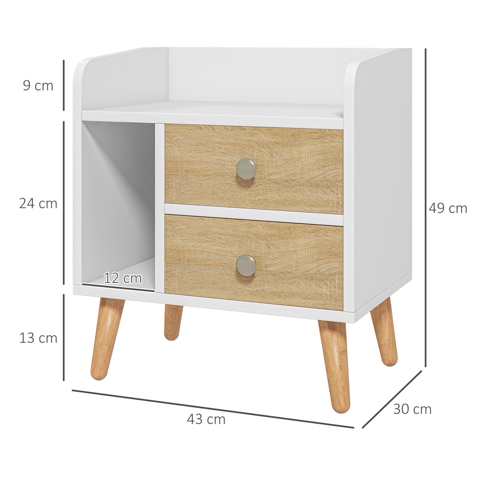 Mesita de noche blanca con dos cajones de madera, tiradores plateados y patas de madera.