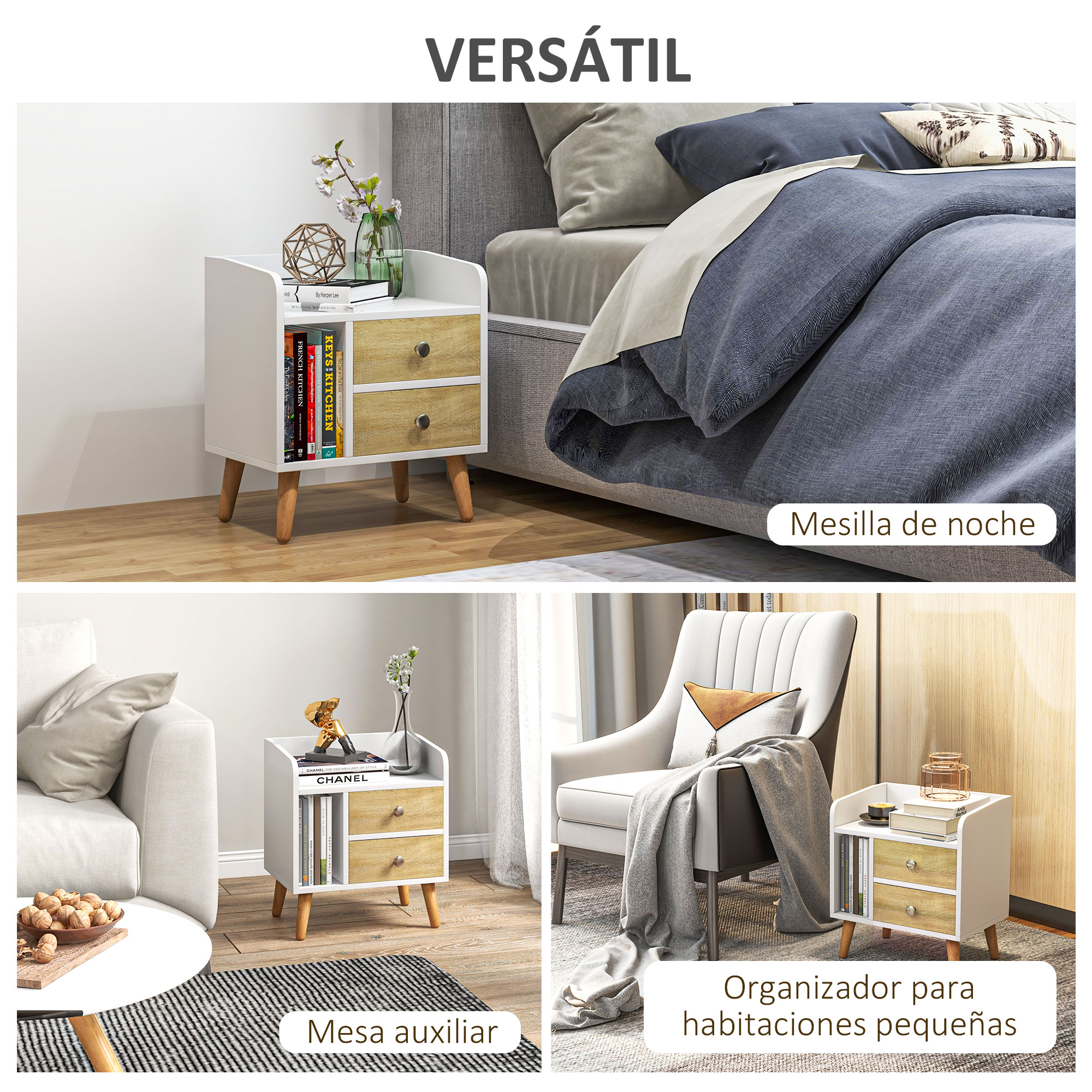 Una mesita de noche blanca con cajones de madera está junto a una cama. Debajo, un sofá y sillón.