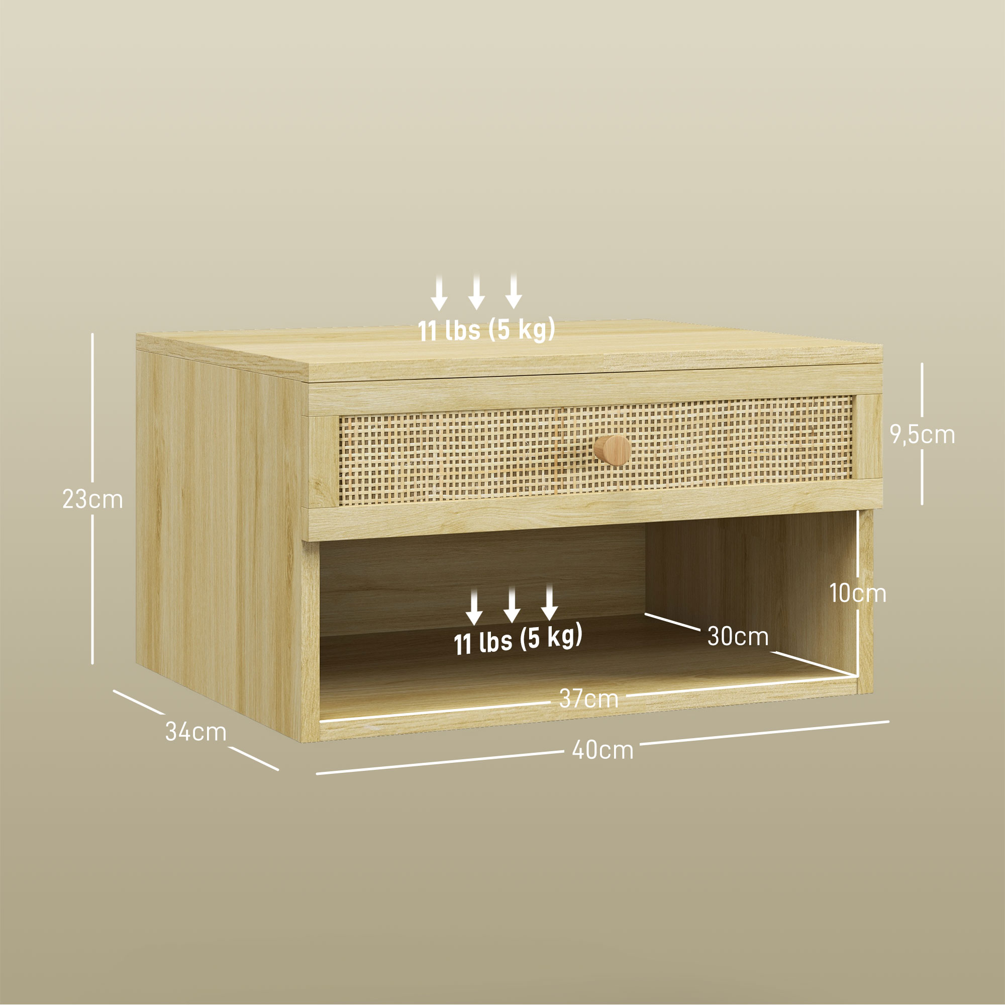 Mesita de noche de madera con cajón y estante abierto. Dimensiones: 40x34x23cm.
