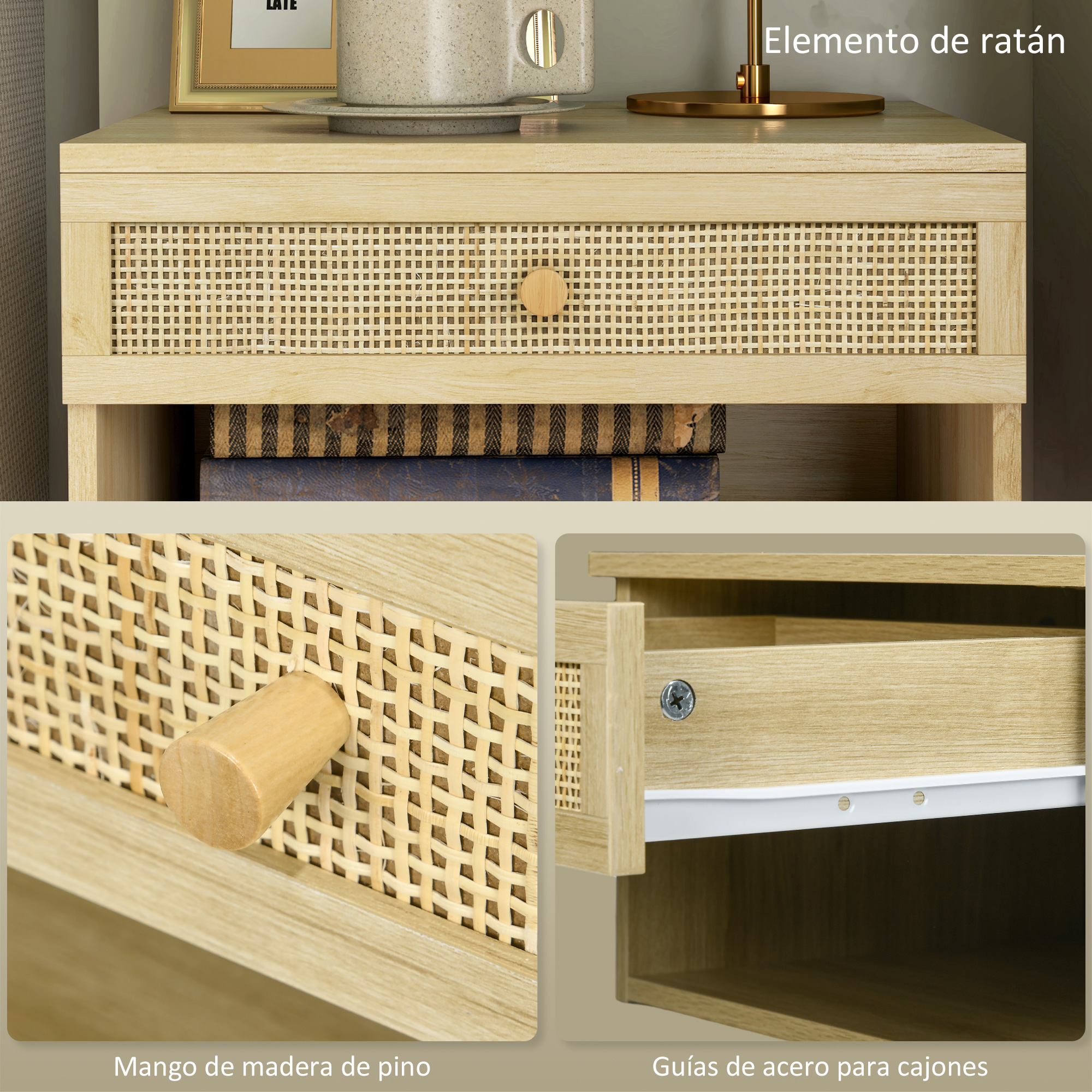 Mesita de noche de madera con frente de ratán, pomo de madera y guías.