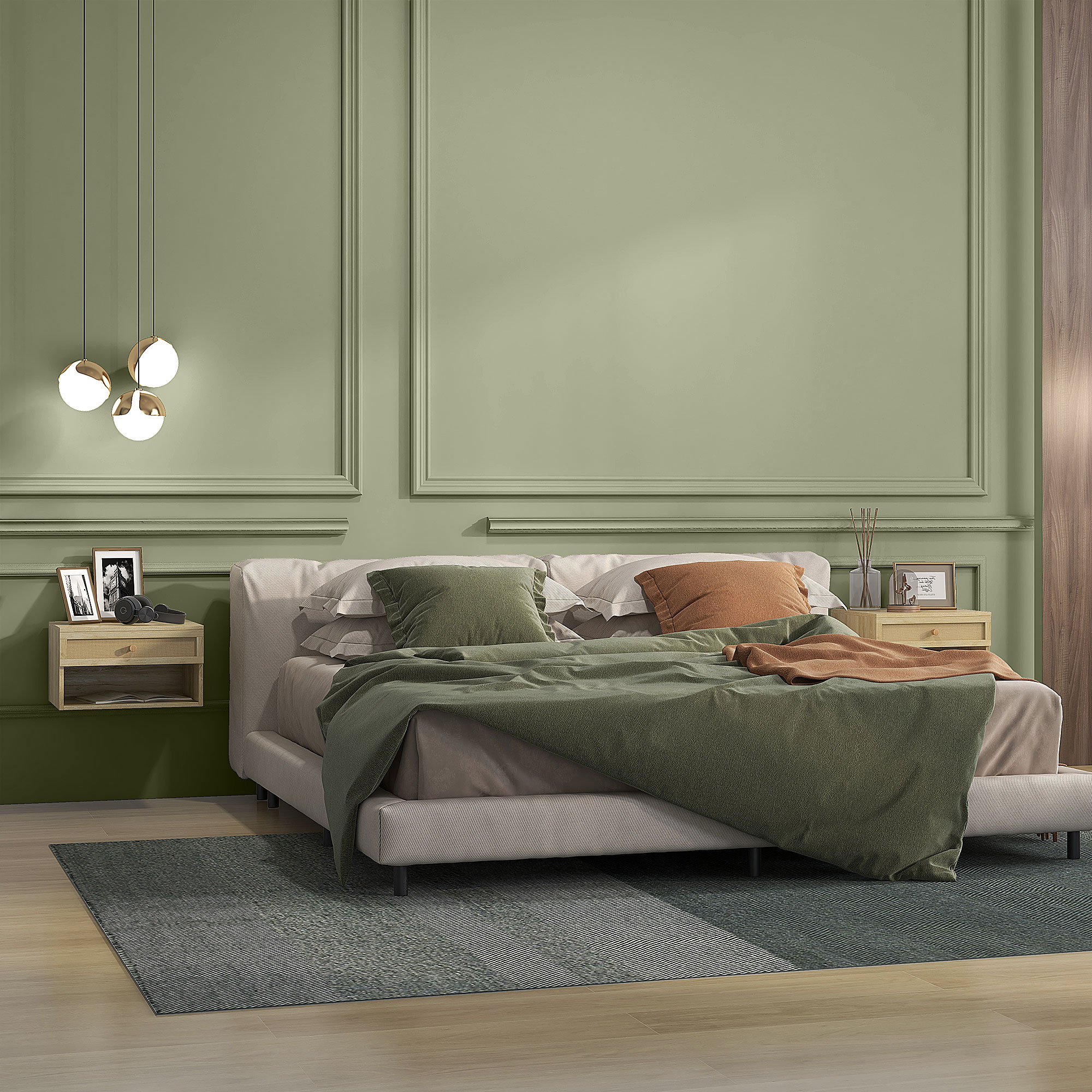Un dormitorio con cama, mesitas de noche, cuadros y lámparas colgantes.