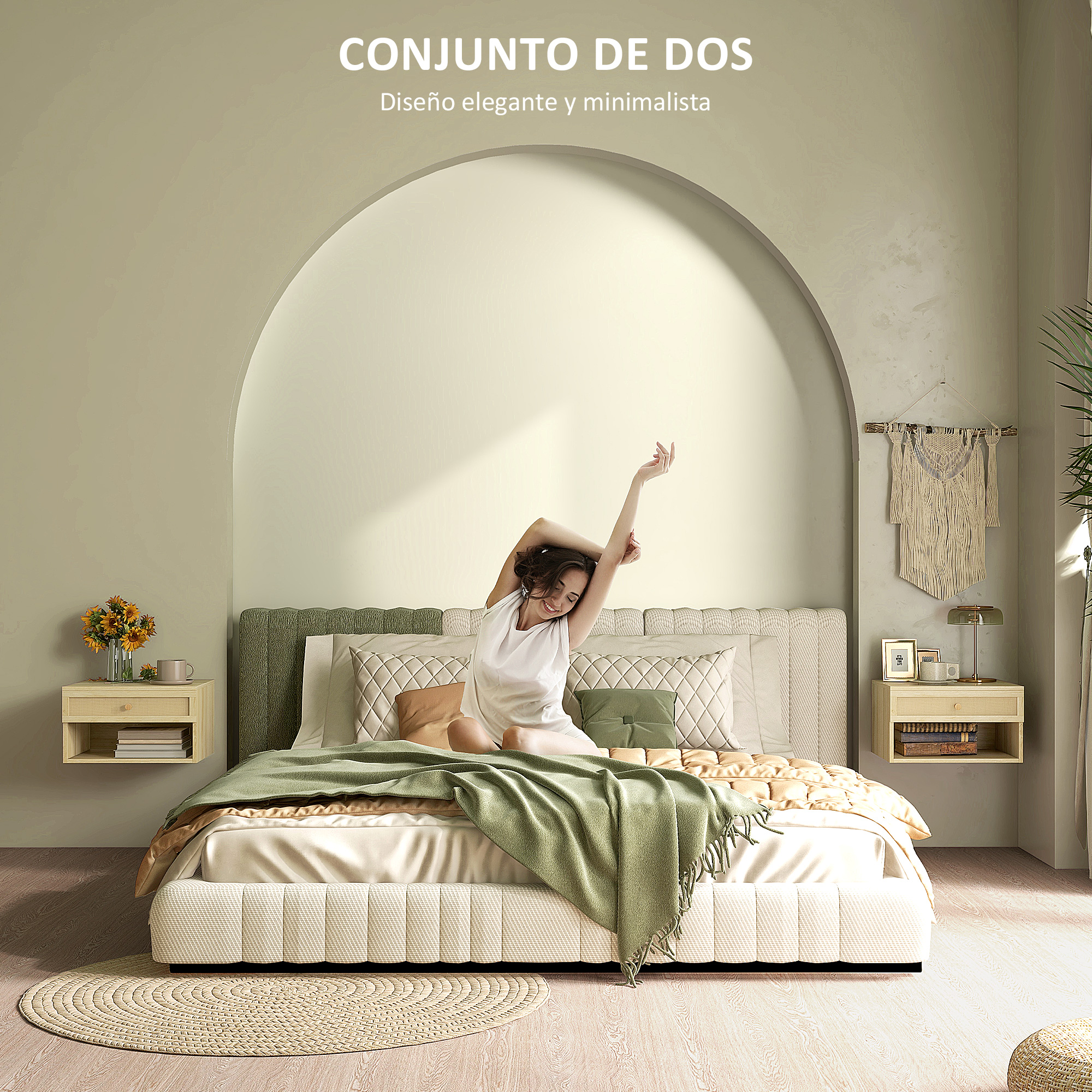 Una mujer se estira en la cama, una mesita de noche con flores está a la izquierda.