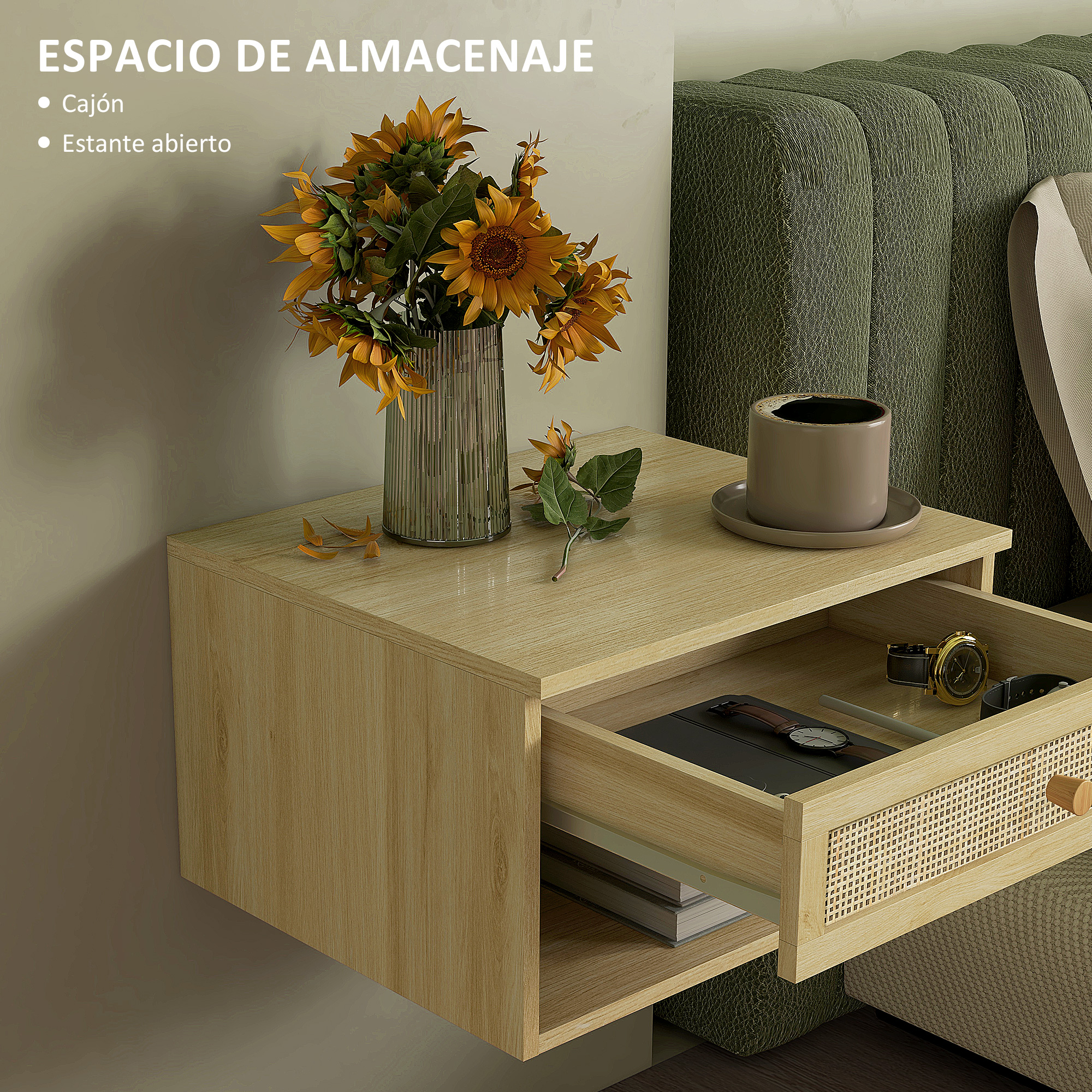 Una mesita de noche de madera clara con cajón abierto, girasoles y taza de café.