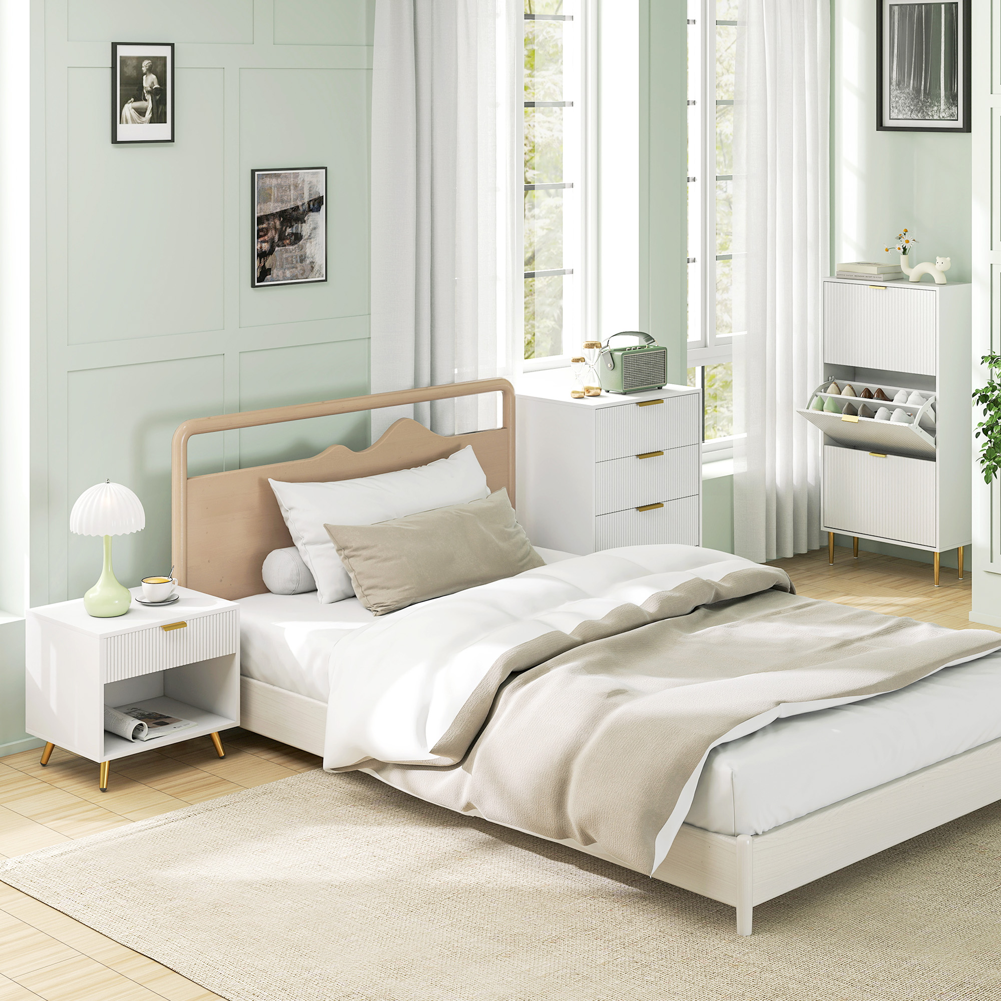 Un dormitorio moderno con cama, mesita de noche, cómoda y zapatero.
