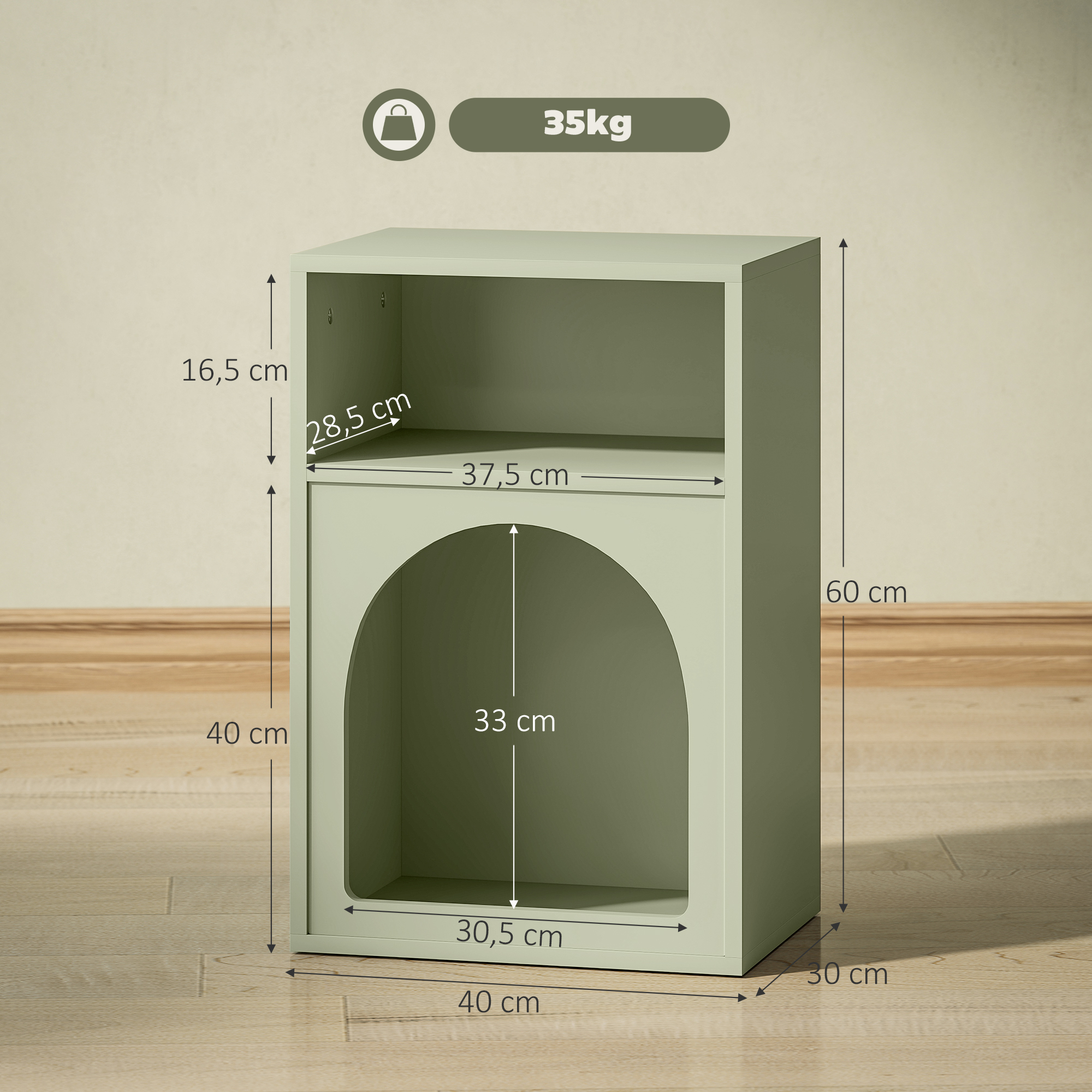 Un mueble verde claro con una abertura y un estante, se muestran las dimensiones.