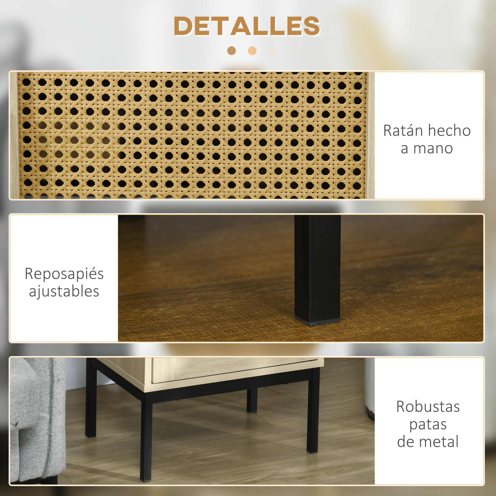 Vistas de detalles: ratán tejido, pies ajustables y patas metálicas.