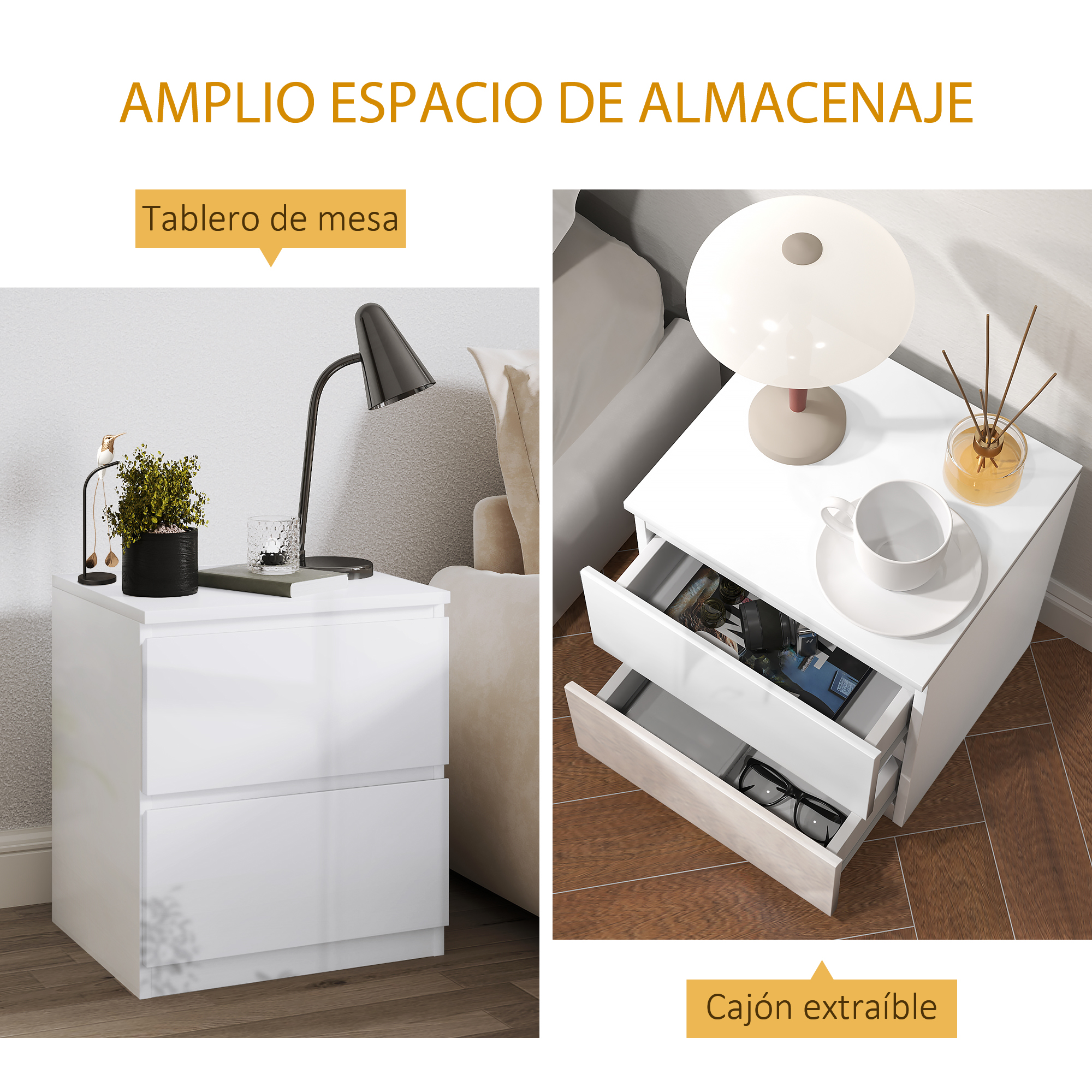 Dos mesitas de noche blancas una al lado de la otra, una abierta.