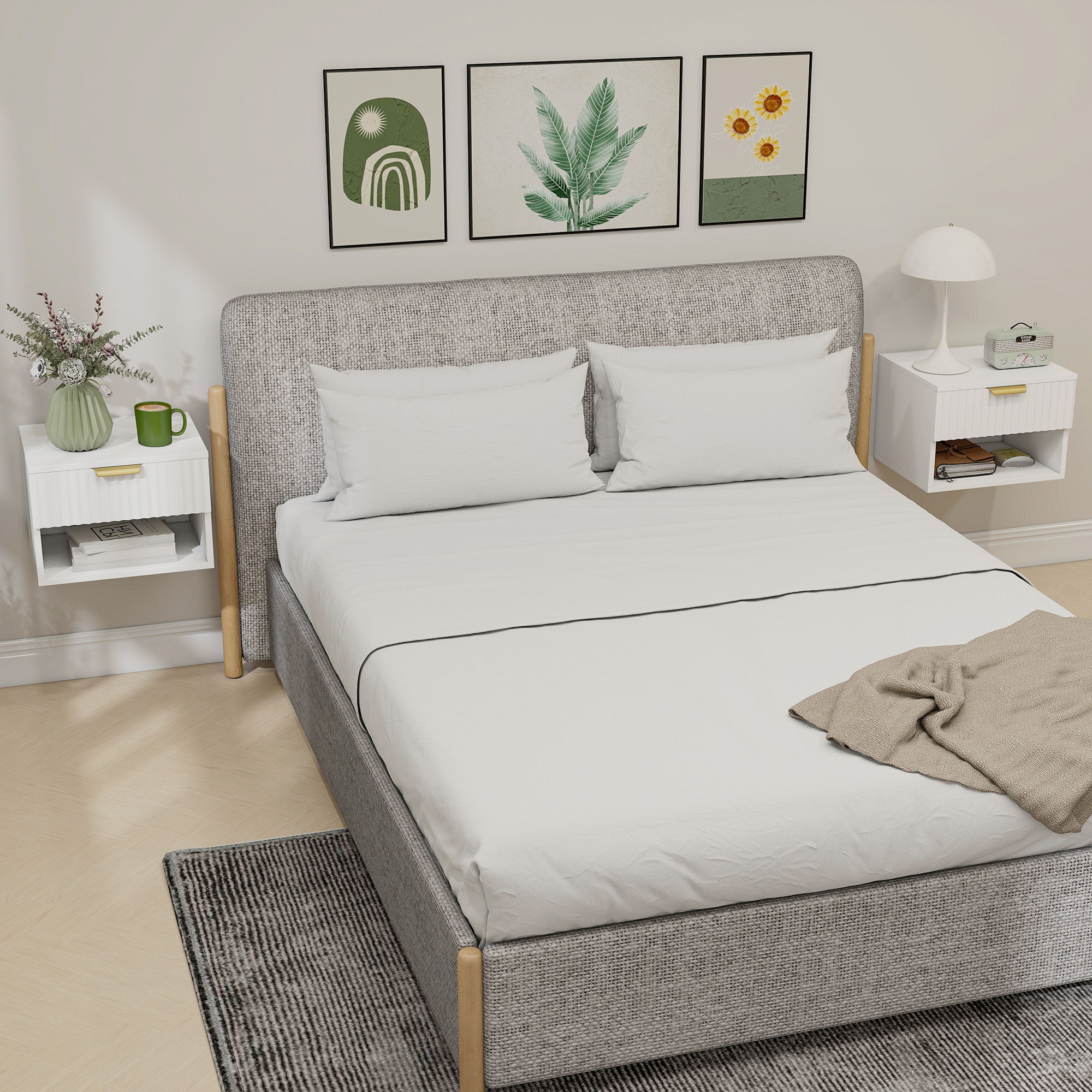 Una habitación con cama, mesitas de noche y arte de pared.