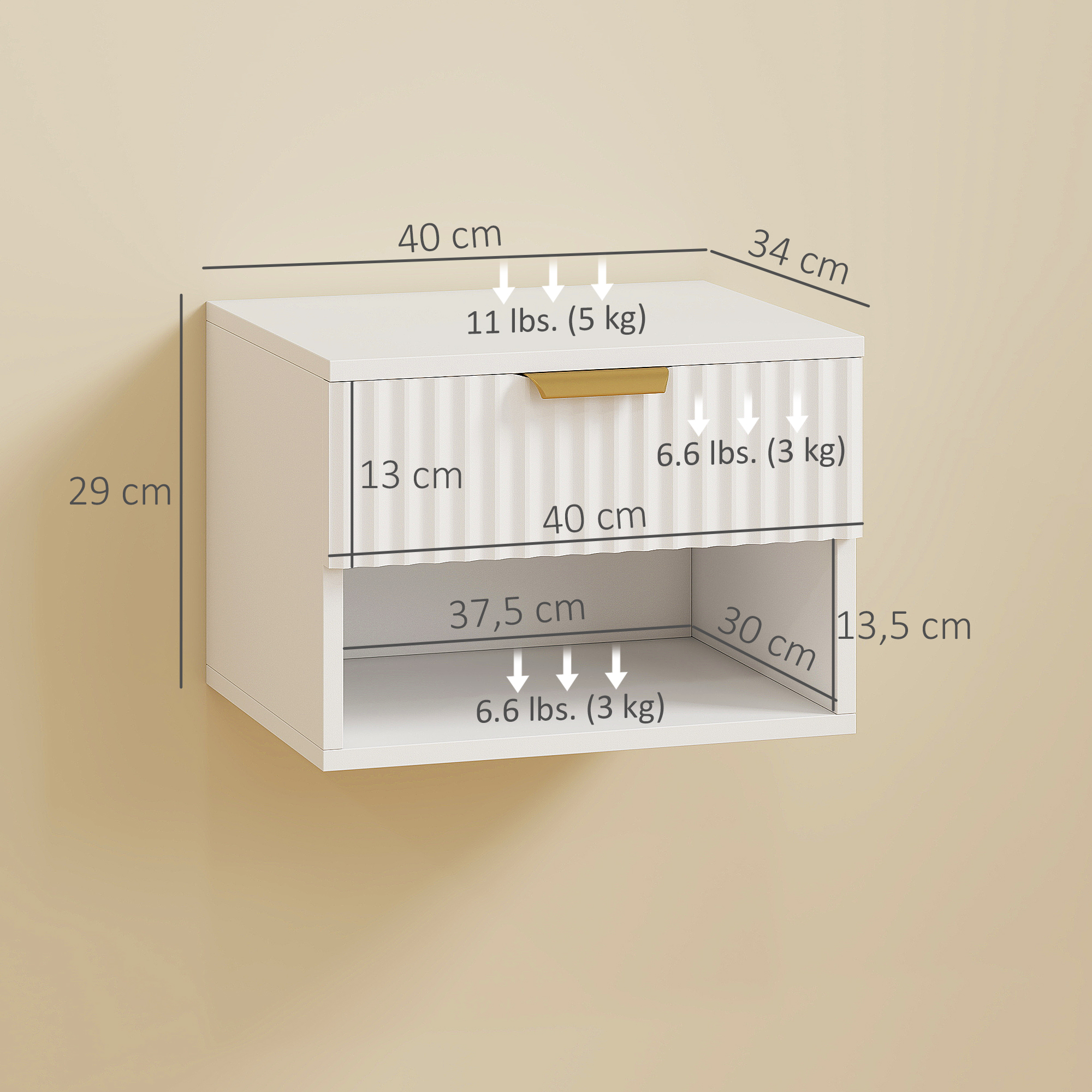 Gabinete blanco de pared con un cajón y un estante abierto. Dimensiones mostradas.