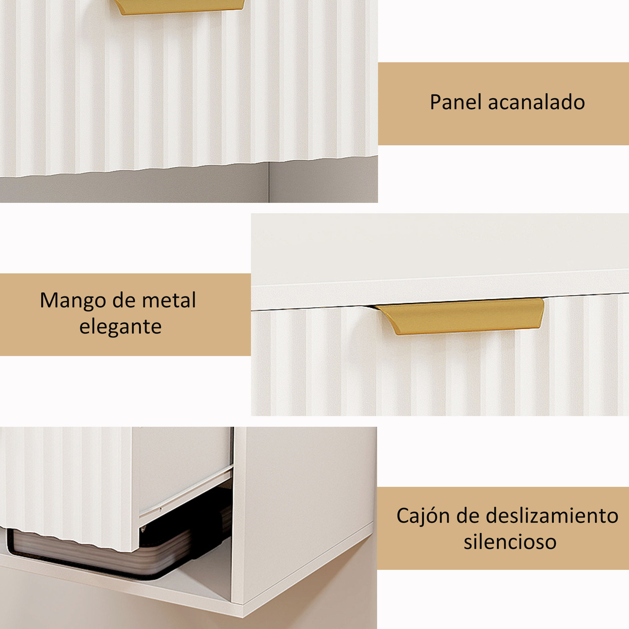 Panel de mueble blanco acanalado con tirador dorado.