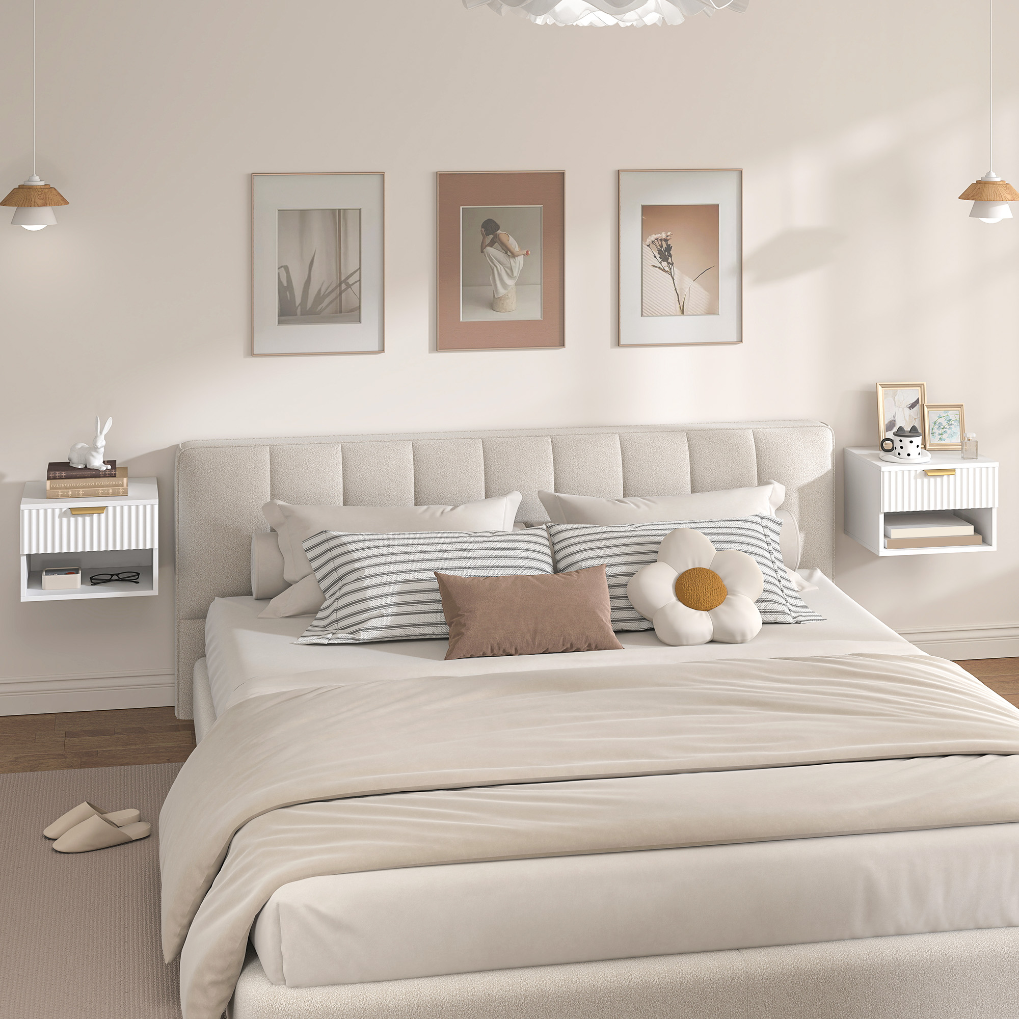 Un dormitorio minimalista con cama, mesitas de noche y arte de pared.