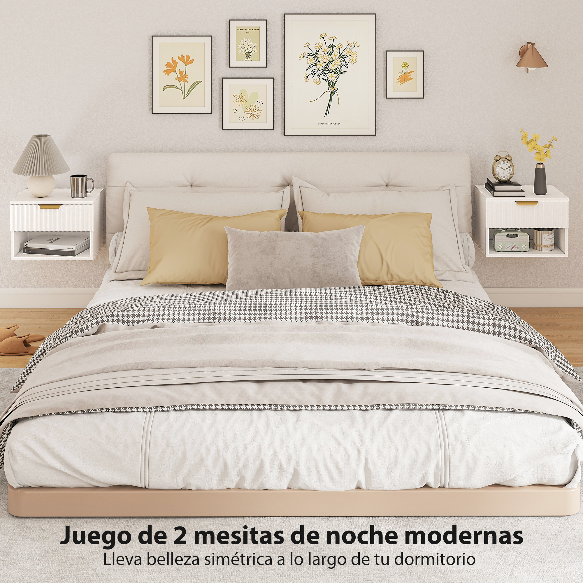 Un dormitorio moderno con cama, mesitas de noche y arte de pared.