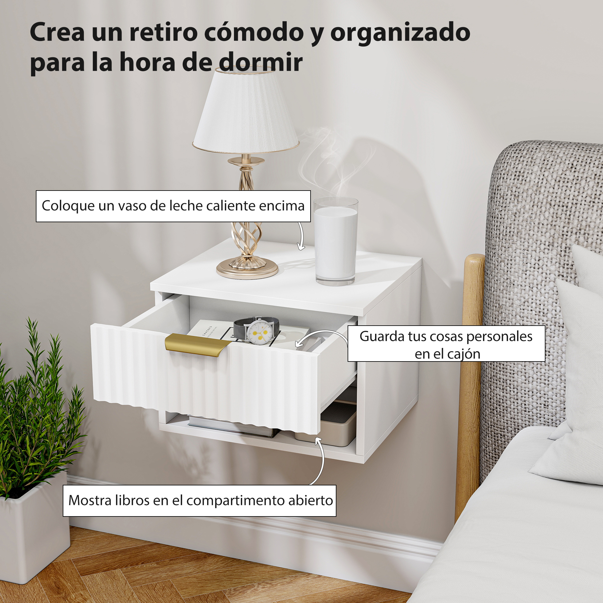 Un velador blanco con cajón abierto, lámpara, vaso de leche y planta.